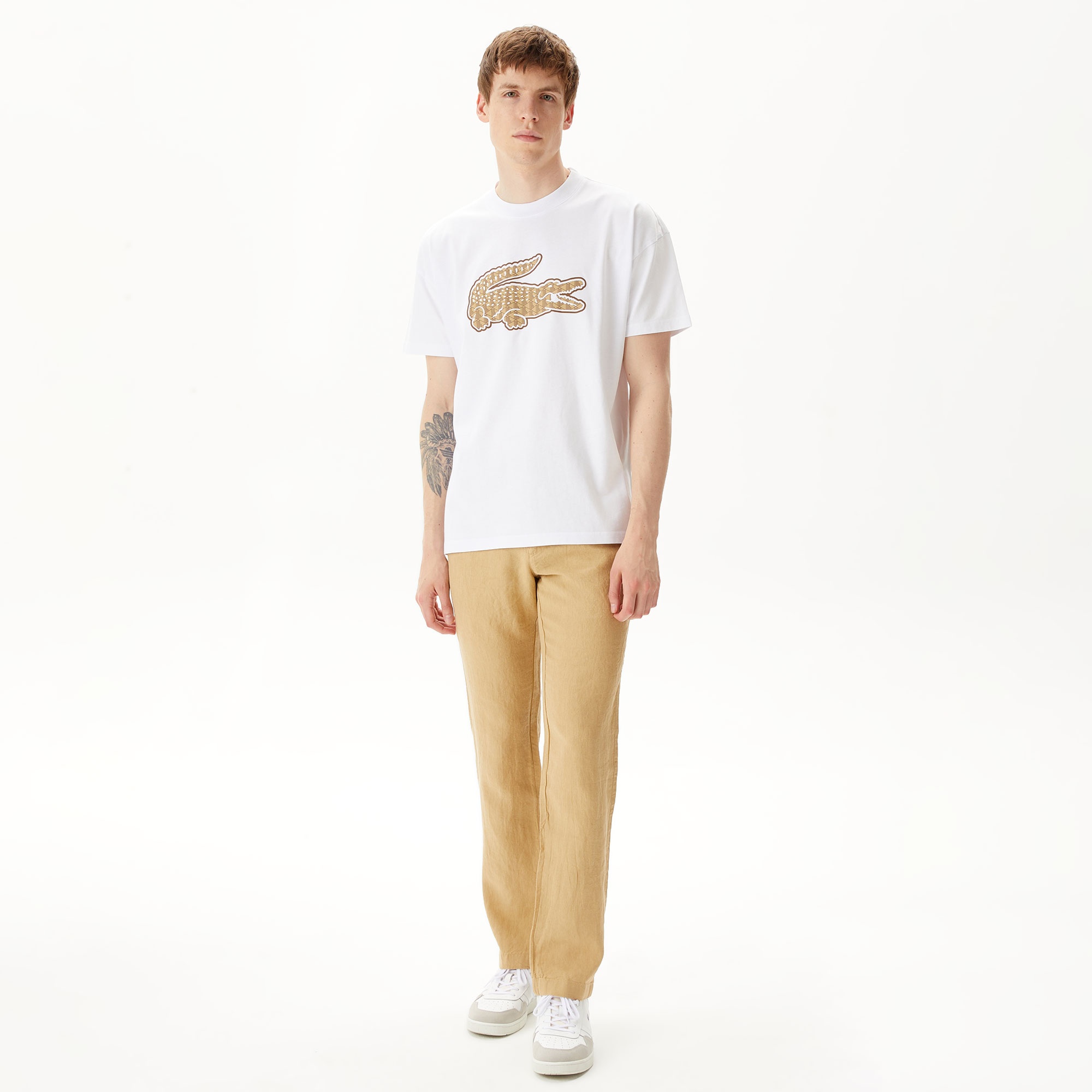 Lacoste Erkek Relaxed Fit Bisiklet Yaka Baskılı Beyaz T-Shirt