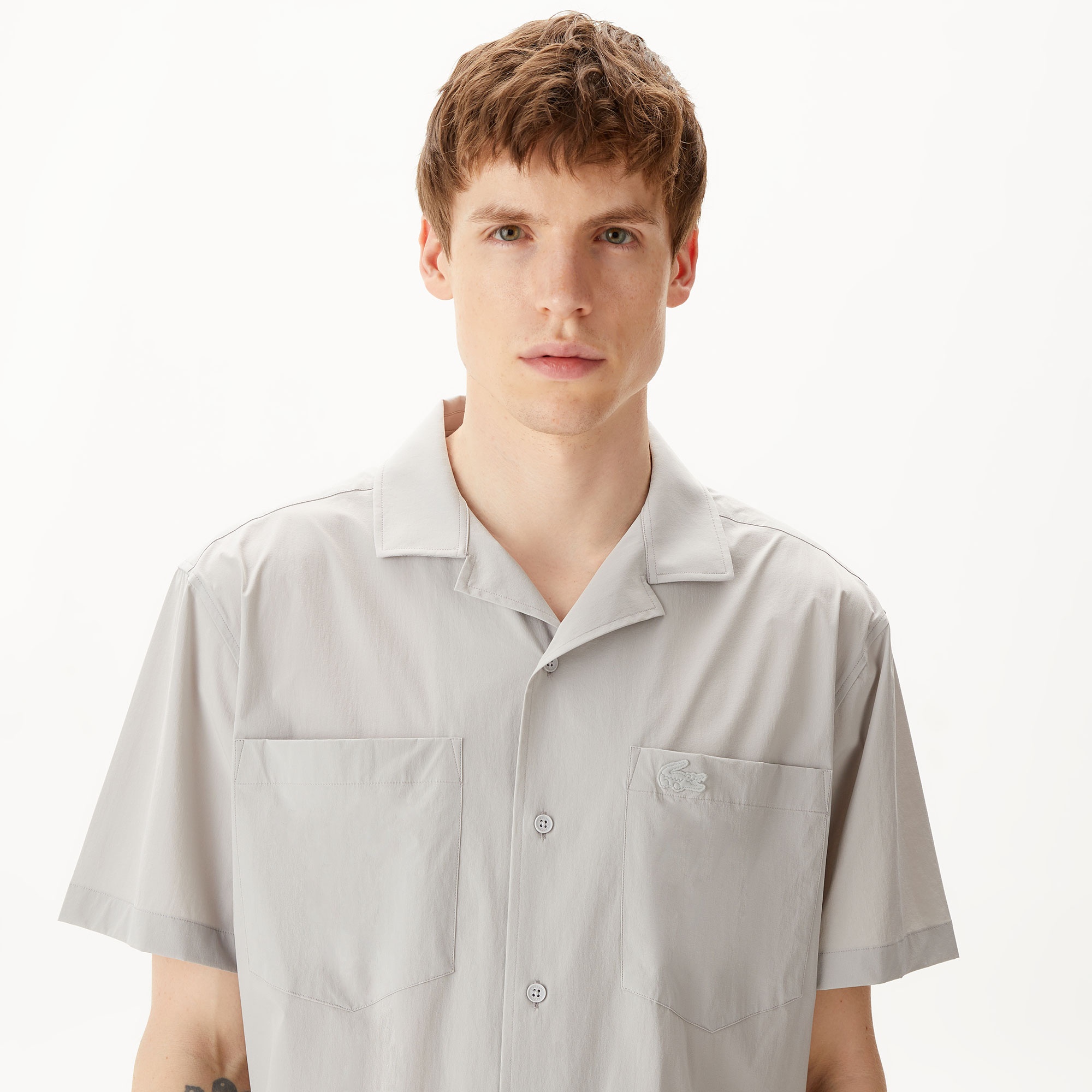 Lacoste Erkek Relaxed Fit Kısa Kollu Gri Gömlek