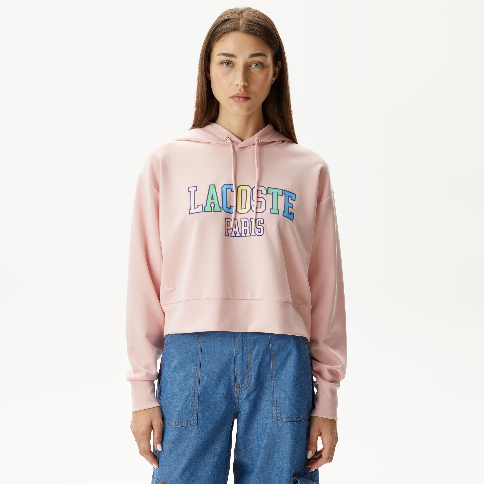 Lacoste Kadın Relaxed Fit Kapüşonlu Baskılı Pembe Sweatshirt