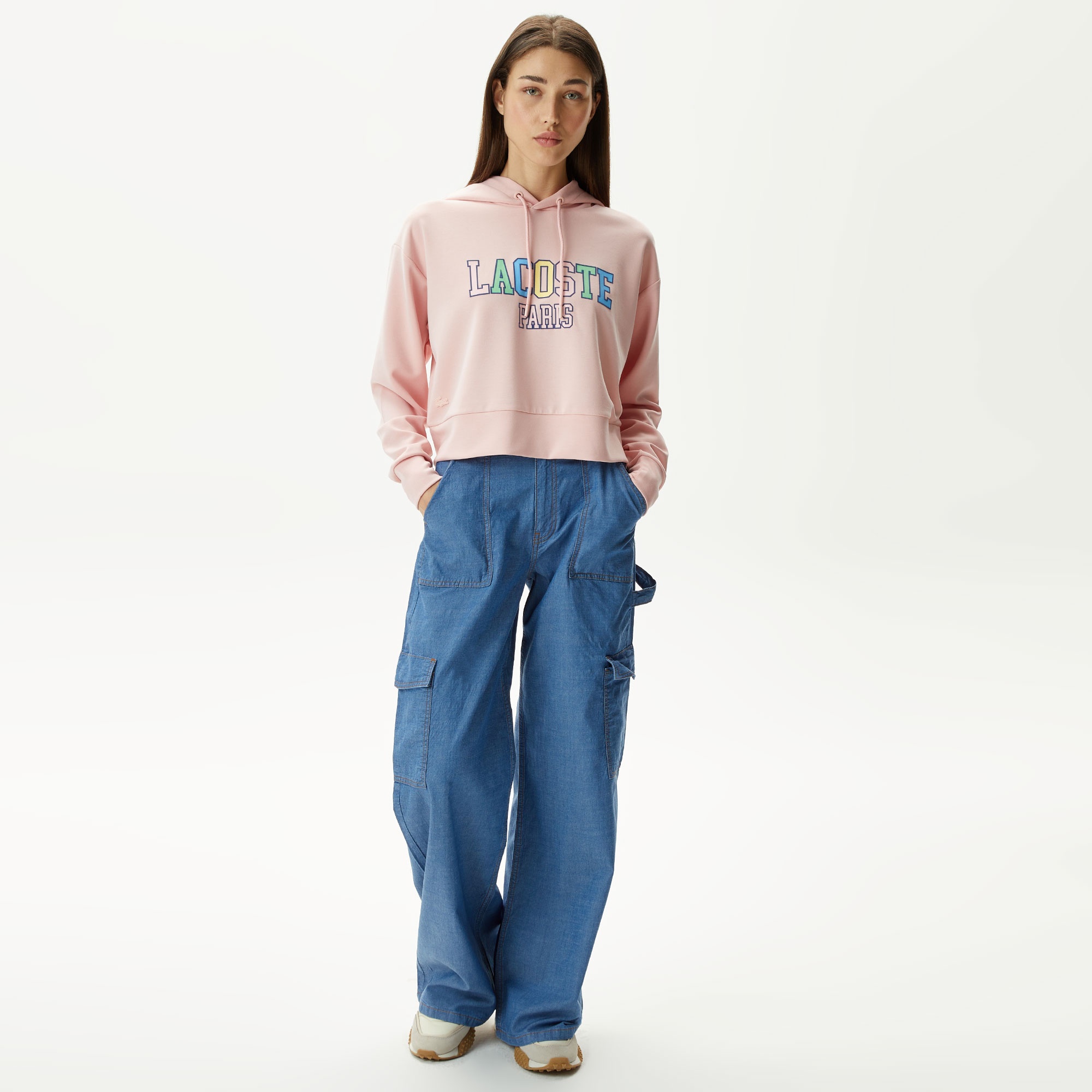 Lacoste Kadın Relaxed Fit Kapüşonlu Baskılı Pembe Sweatshirt