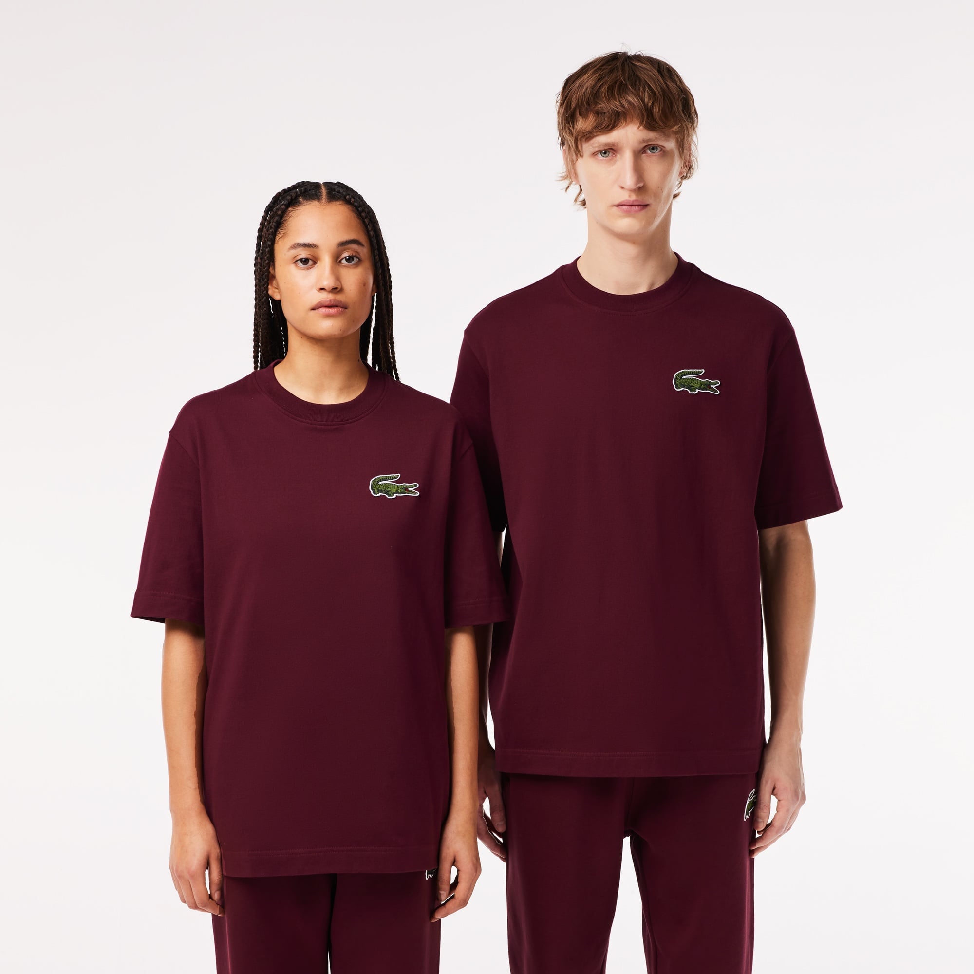 Lacoste Unisex Loose Fit Bisiklet Yaka Baskılı Bordo T-Shirt