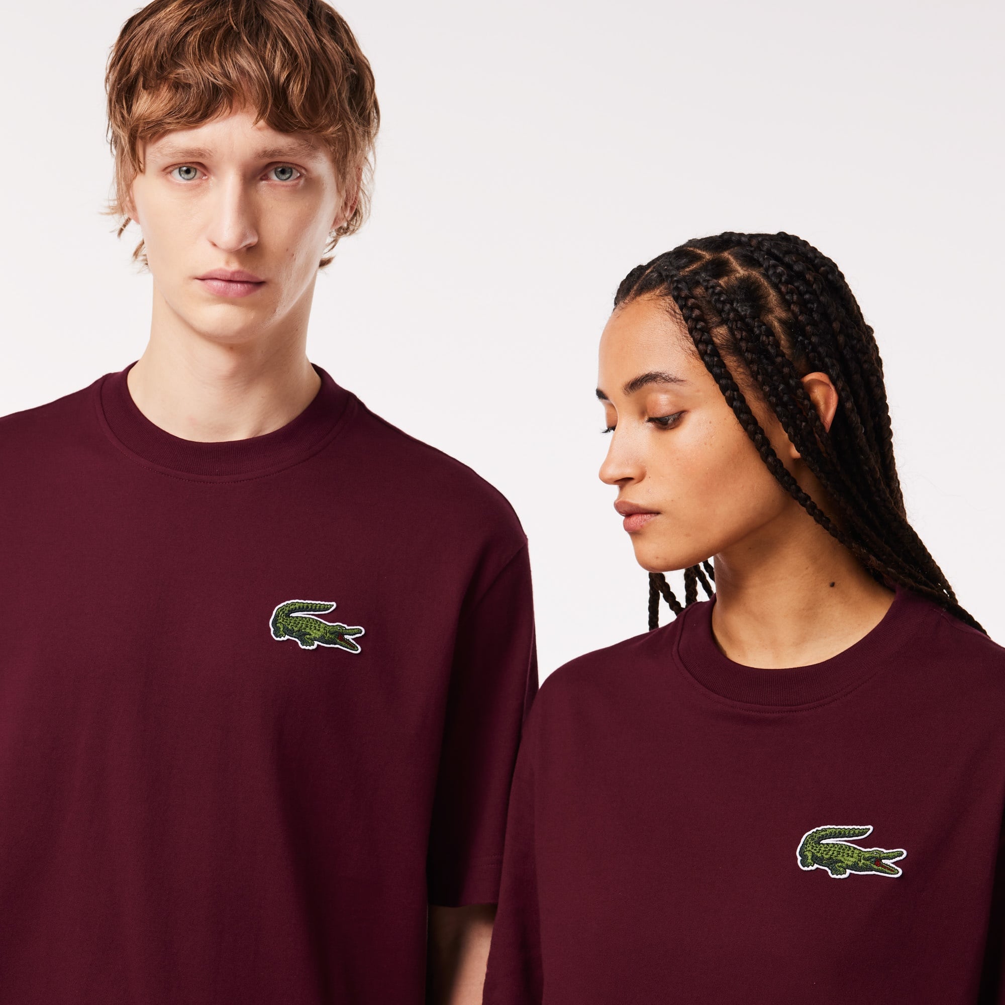Lacoste Unisex Loose Fit Bisiklet Yaka Baskılı Bordo T-Shirt