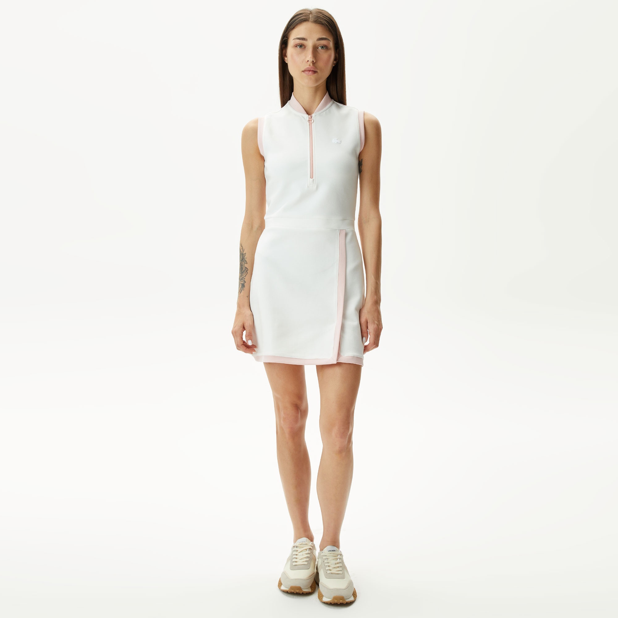 Lacoste Kadın Regular Fit Kolsuz Yarım Fermuarlı Renk Bloklu Beyaz Elbise