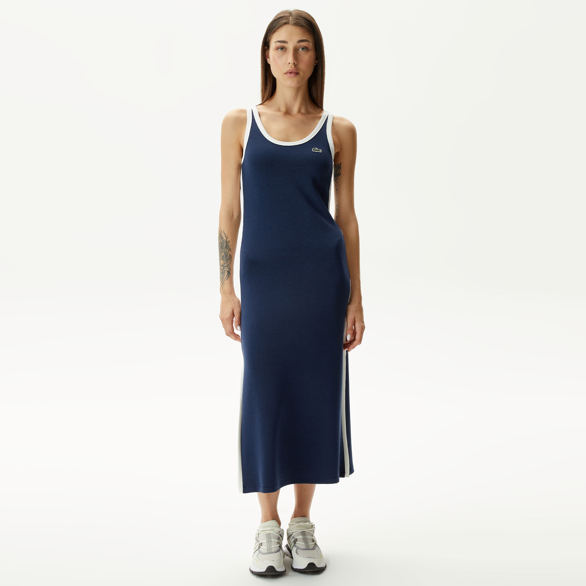 Lacoste Kadın Slim Fit Kolsuz Bisiklet Yaka Renk Bloklu Lacivert Elbise