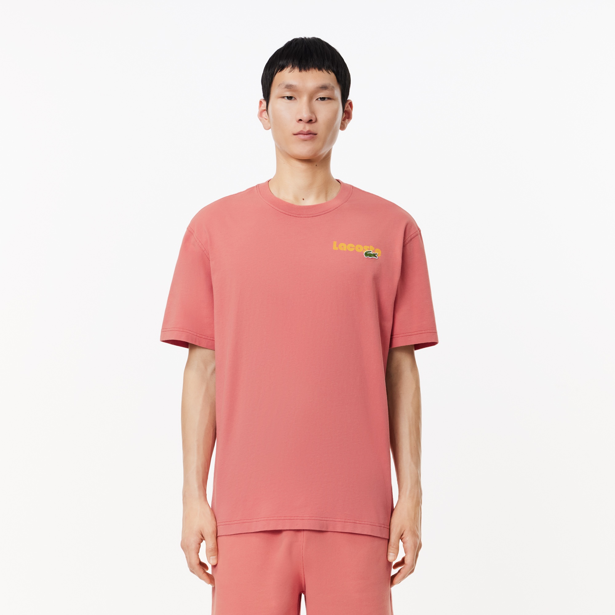 Lacoste Erkek Classic Fit Bisiklet Yaka Baskılı Pembe T-Shirt