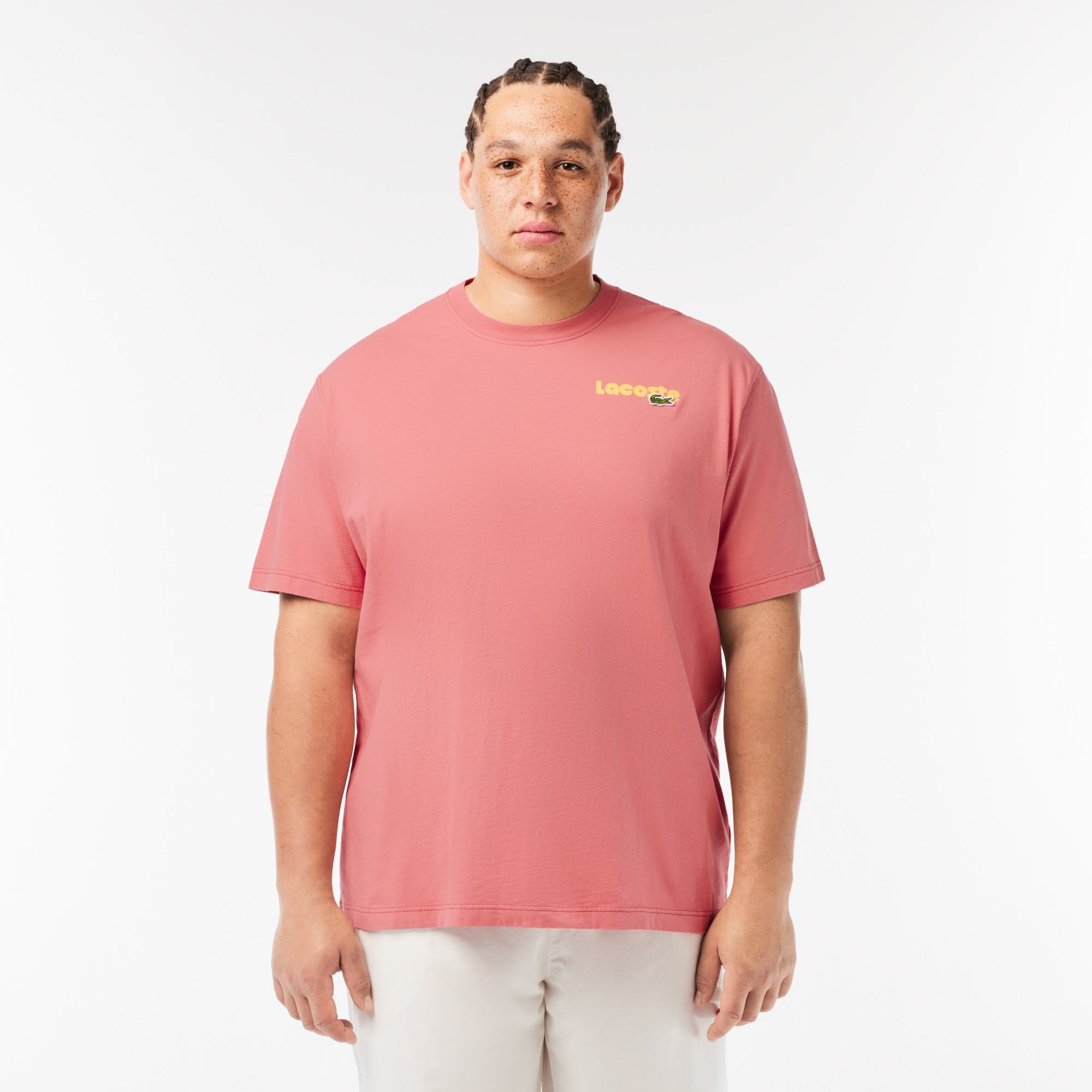 Lacoste Erkek Classic Fit Bisiklet Yaka Baskılı Pembe T-Shirt