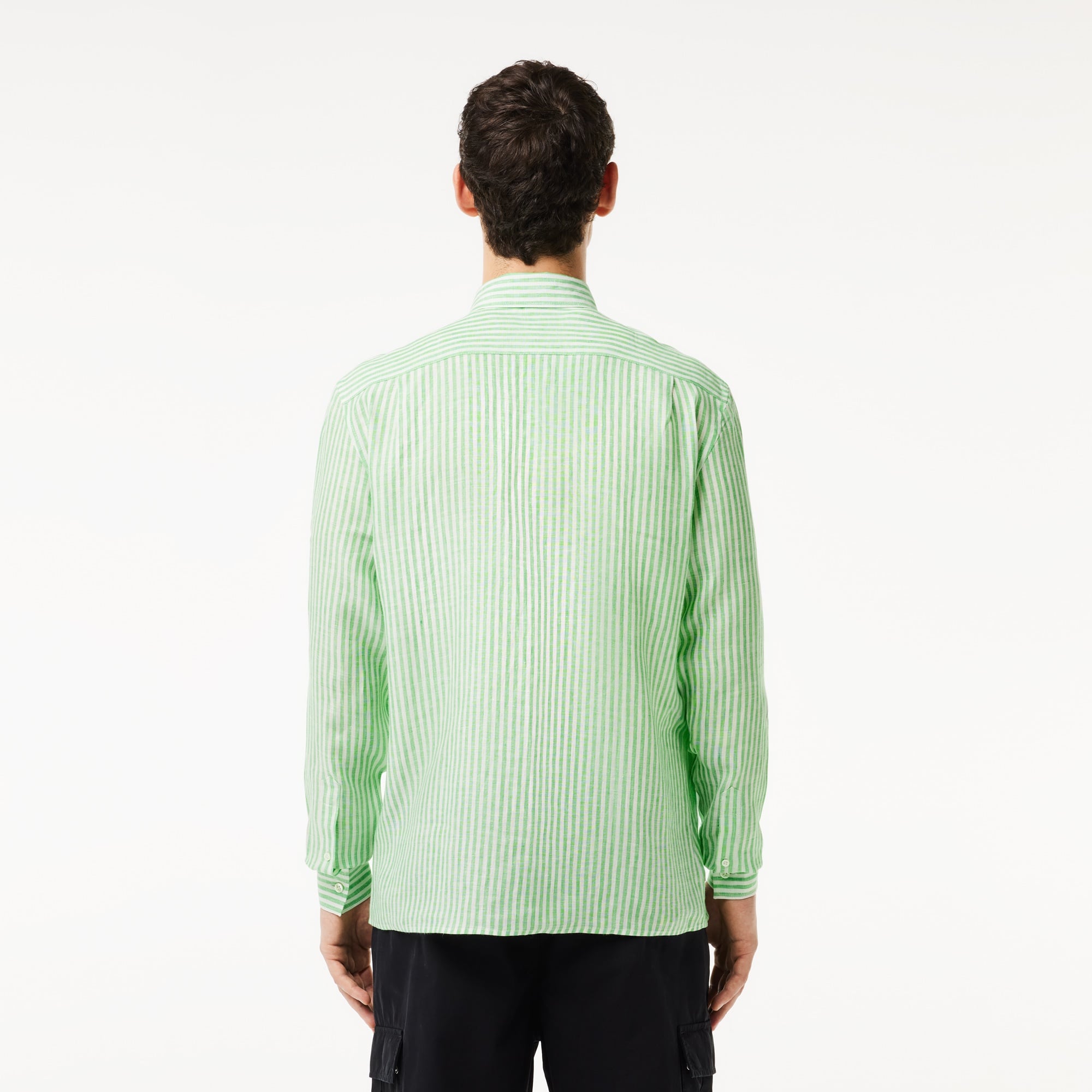 Lacoste Erkek Regular Fit Düğmeli Yaka Çizgili Keten Yeşil Gömlek