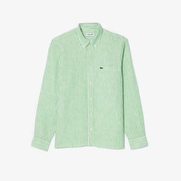 Lacoste Erkek Regular Fit Düğmeli Yaka Çizgili Keten Yeşil Gömlek Yeşil