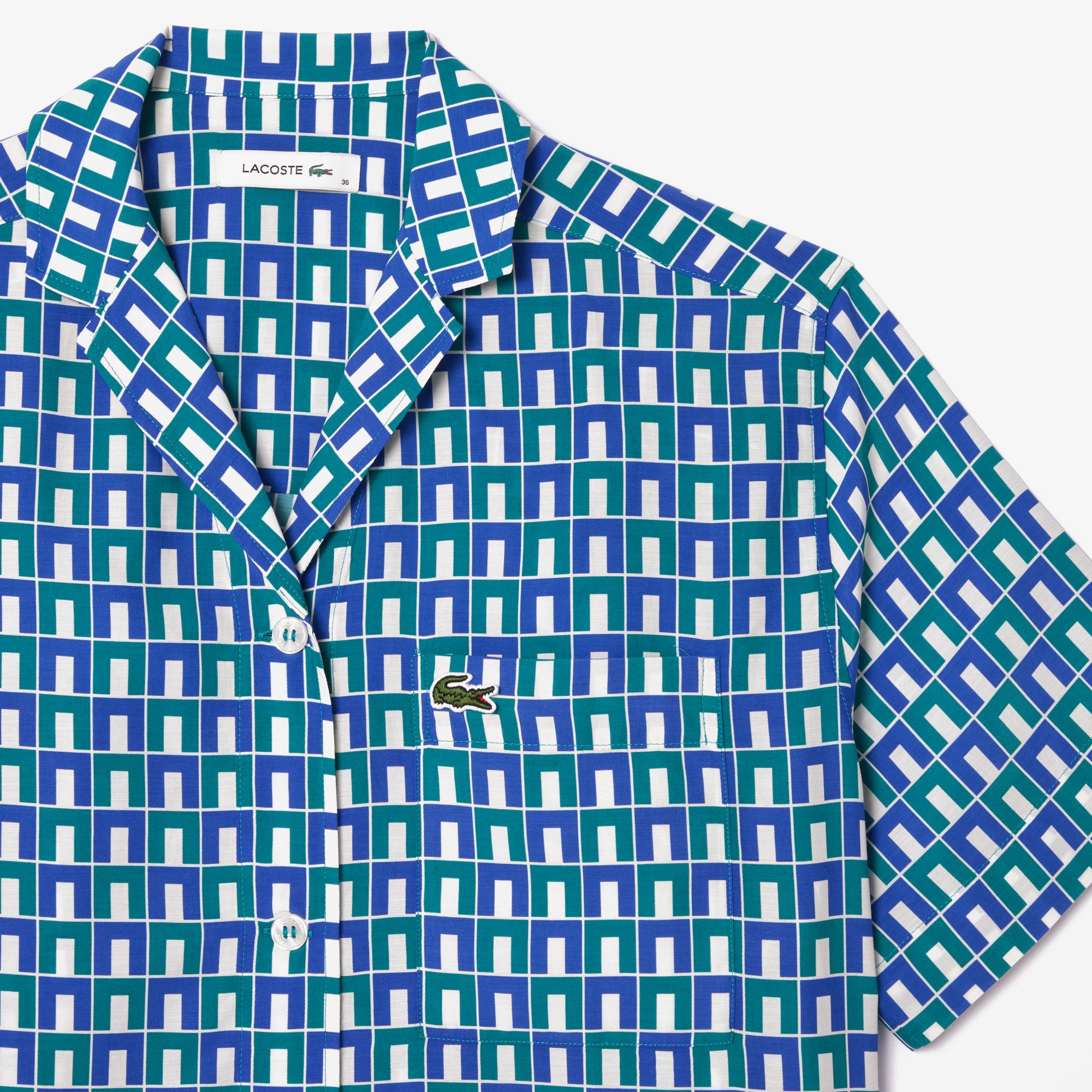 Lacoste Kadın Relaxed Fit Kısa Kollu Monogram Mavi Gömlek