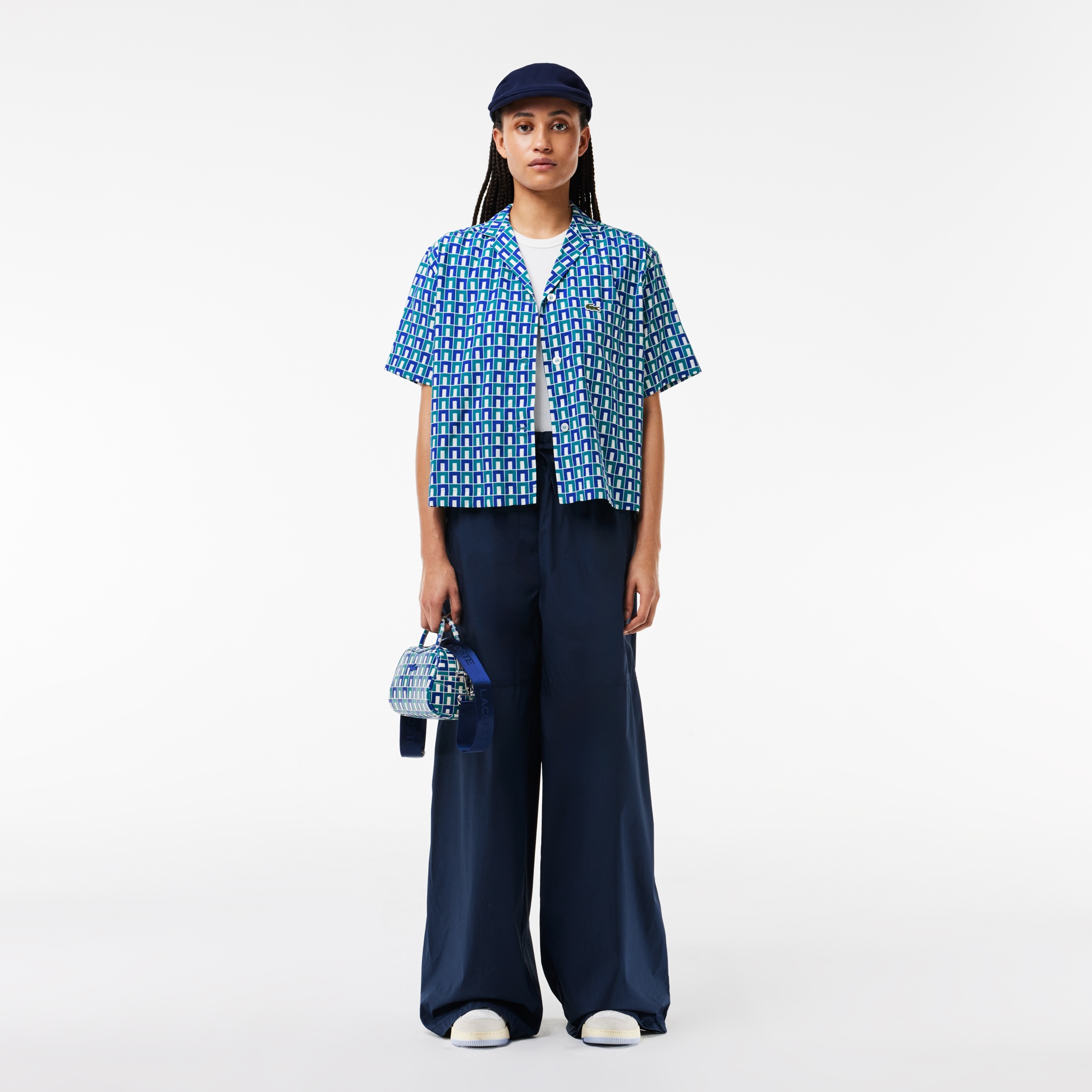 Lacoste Kadın Relaxed Fit Kısa Kollu Monogram Mavi Gömlek