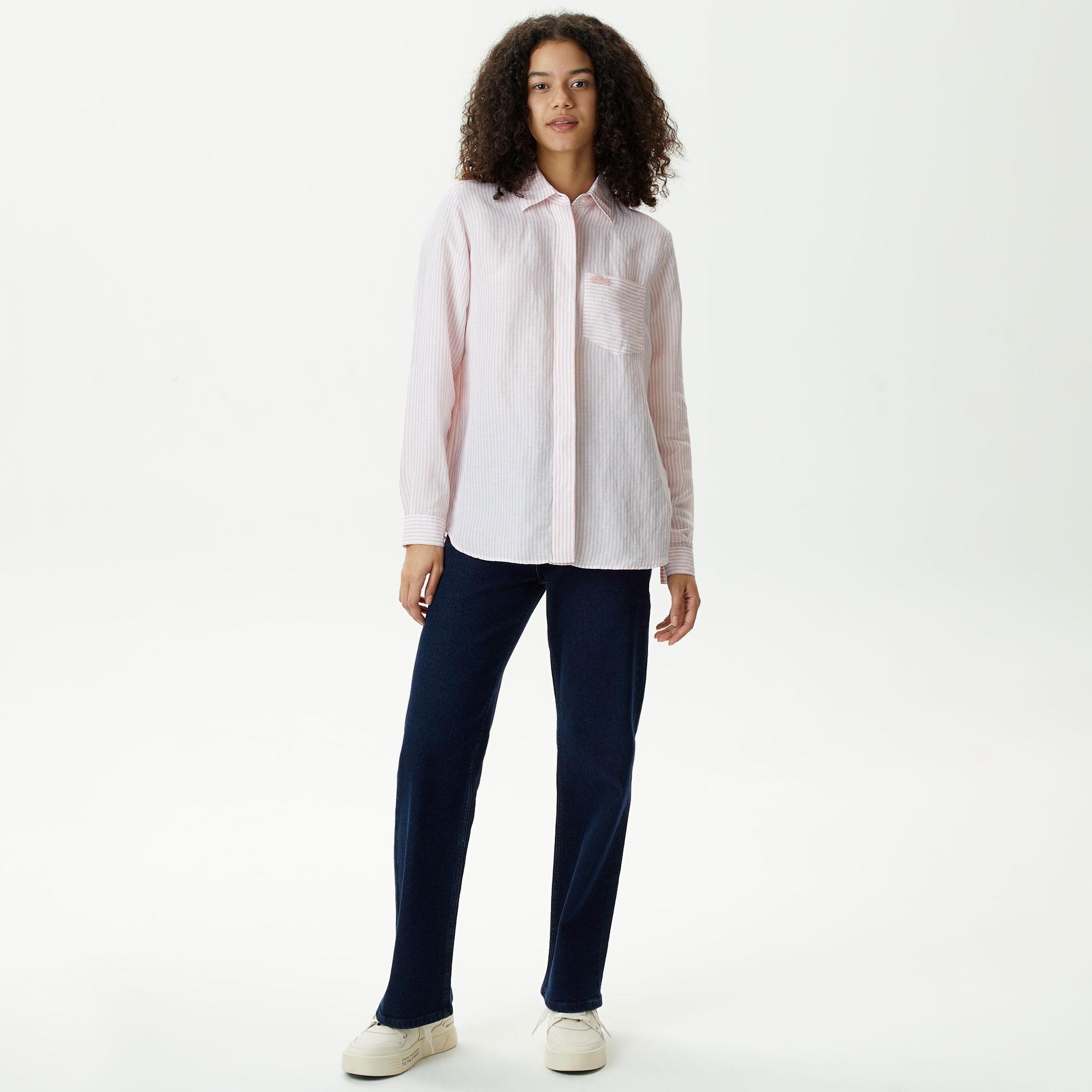 Lacoste Kadın Relaxed Fit Çizgili Pembe Gömlek