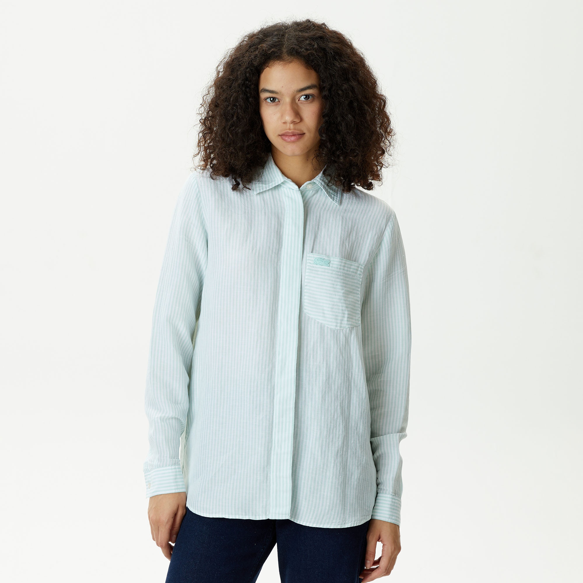 Lacoste Kadın Relaxed Fit Çizgili Yeşil Gömlek