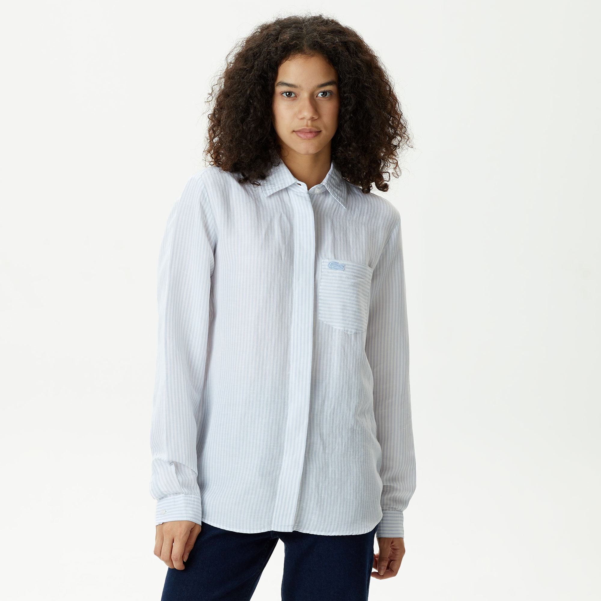 Lacoste Kadın Relaxed Fit Çizgili Mavi Gömlek