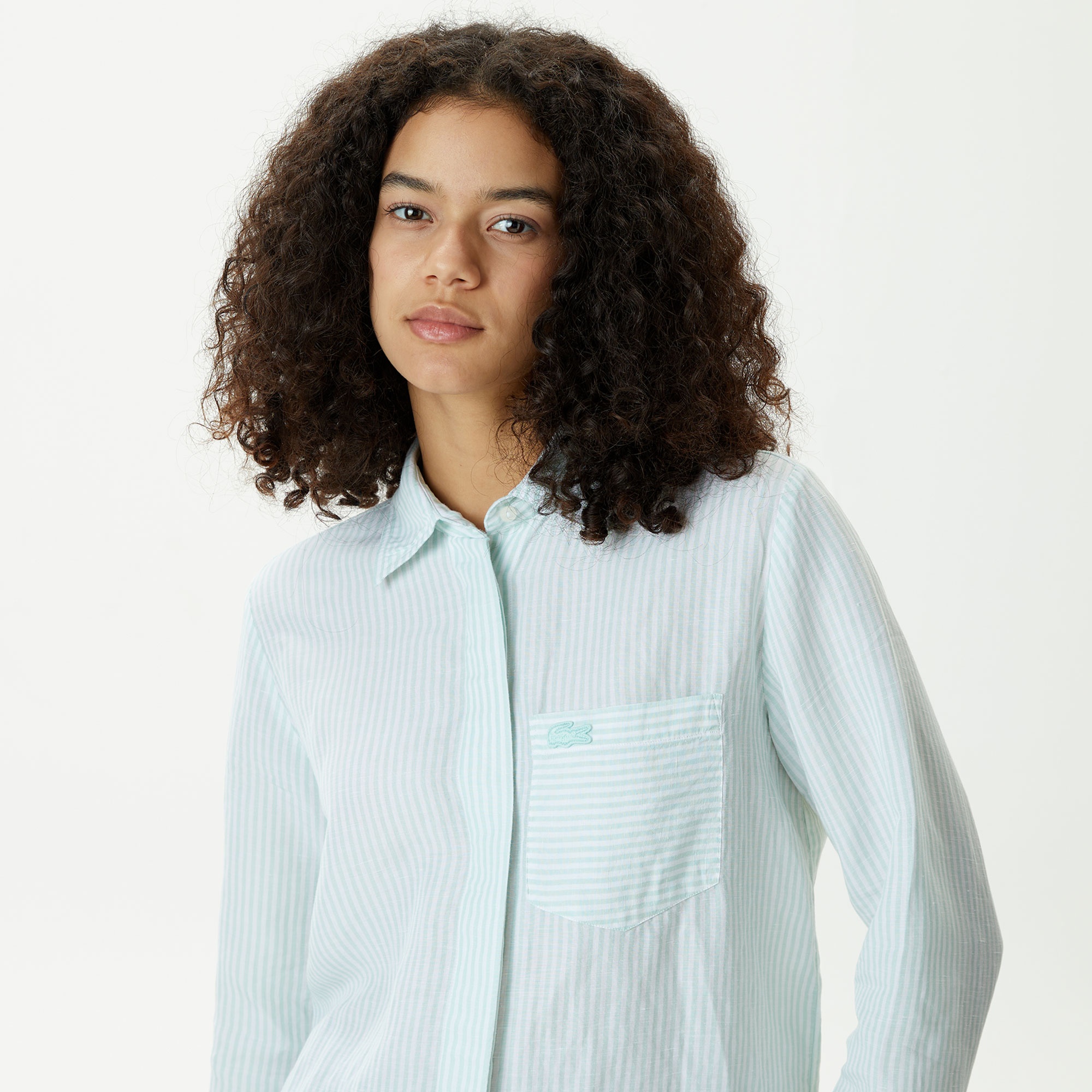 Lacoste Kadın Relaxed Fit Çizgili Yeşil Gömlek