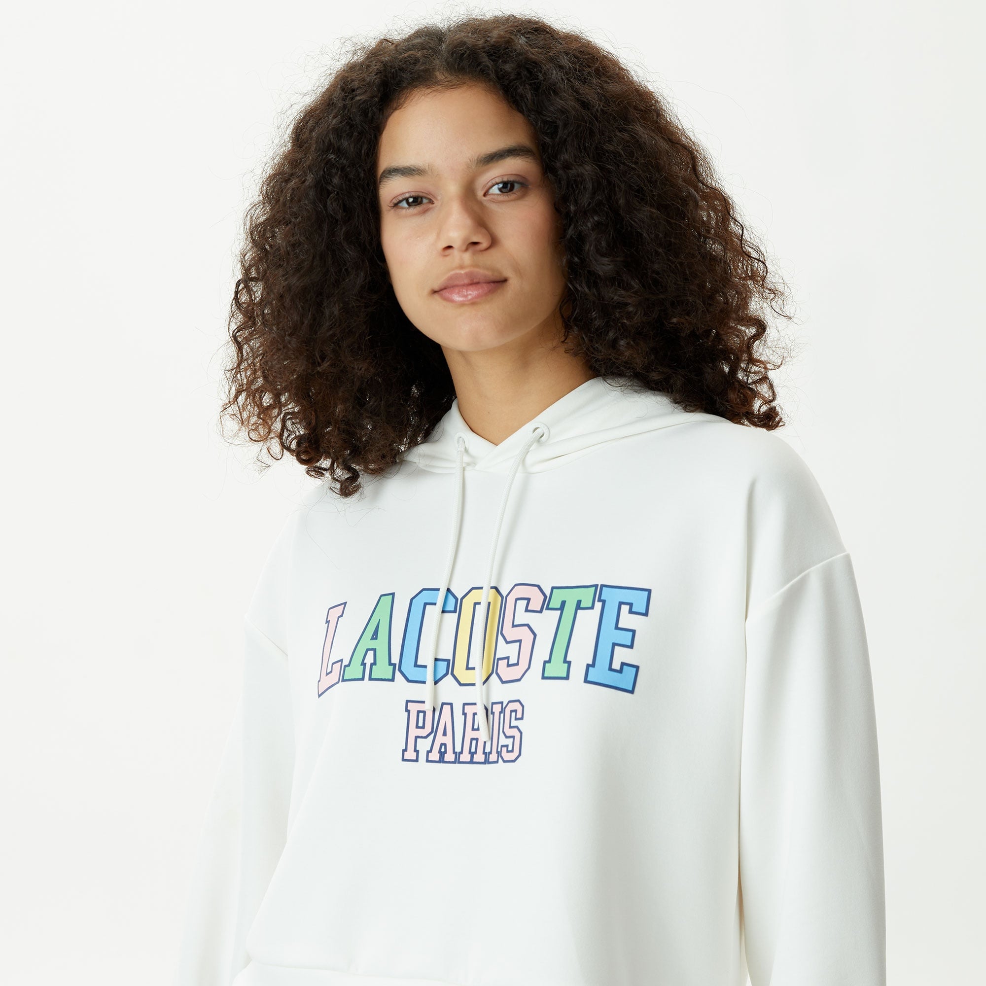 Lacoste Kadın Relaxed Fit Kapüşonlu Baskılı Beyaz Sweatshirt
