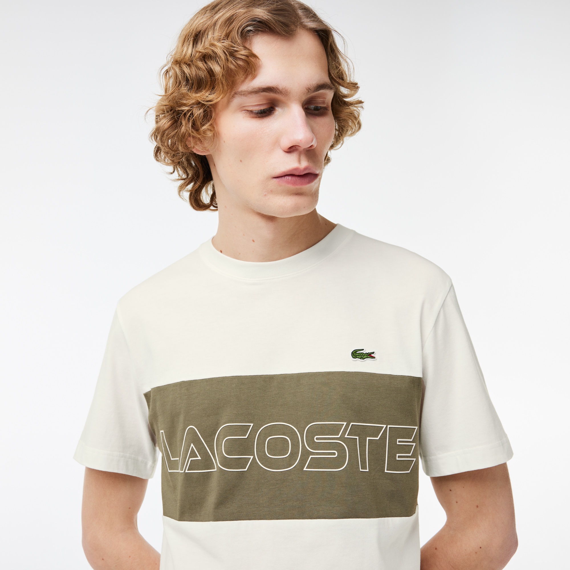 Lacoste Erkek Regular Fit Bisiklet Yaka Renk Bloklu Bej T-Shirt