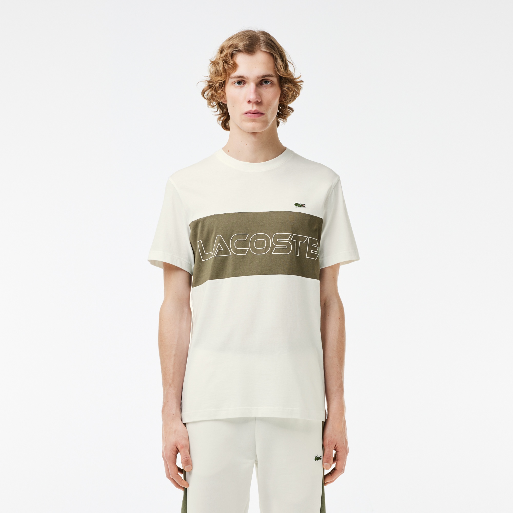Lacoste Erkek Regular Fit Bisiklet Yaka Renk Bloklu Bej T-Shirt