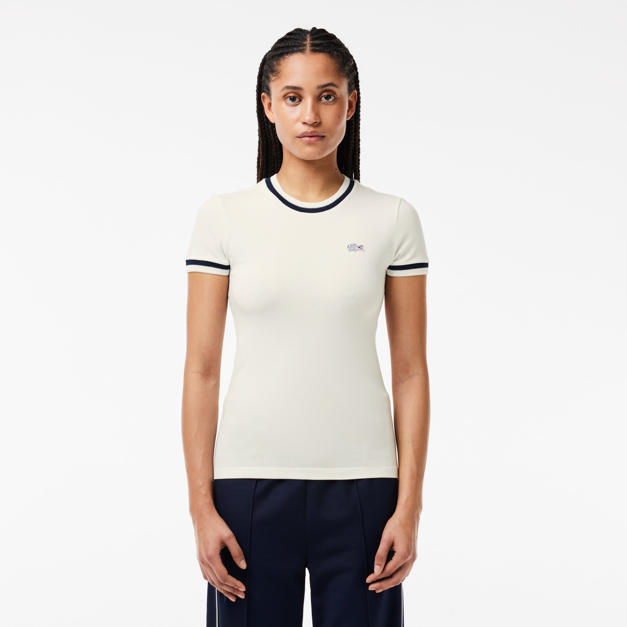 Lacoste Kadın Slim Fit Bisiklet Yaka Beyaz T-Shirt