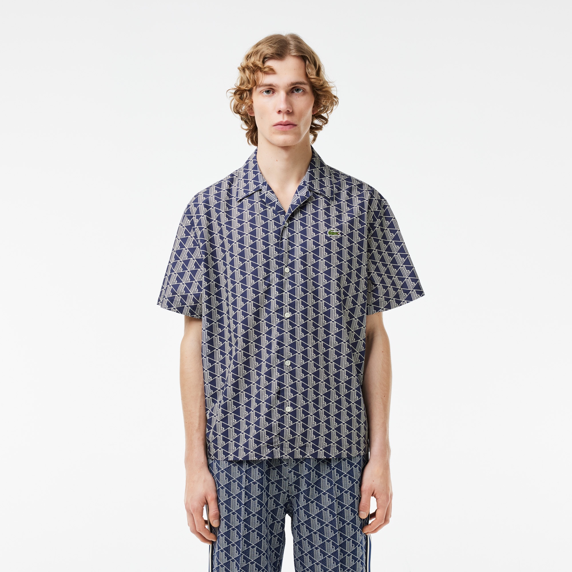 Lacoste Erkek Relaxed Fit Kısa Kollu Monogram Lacivert Gömlek