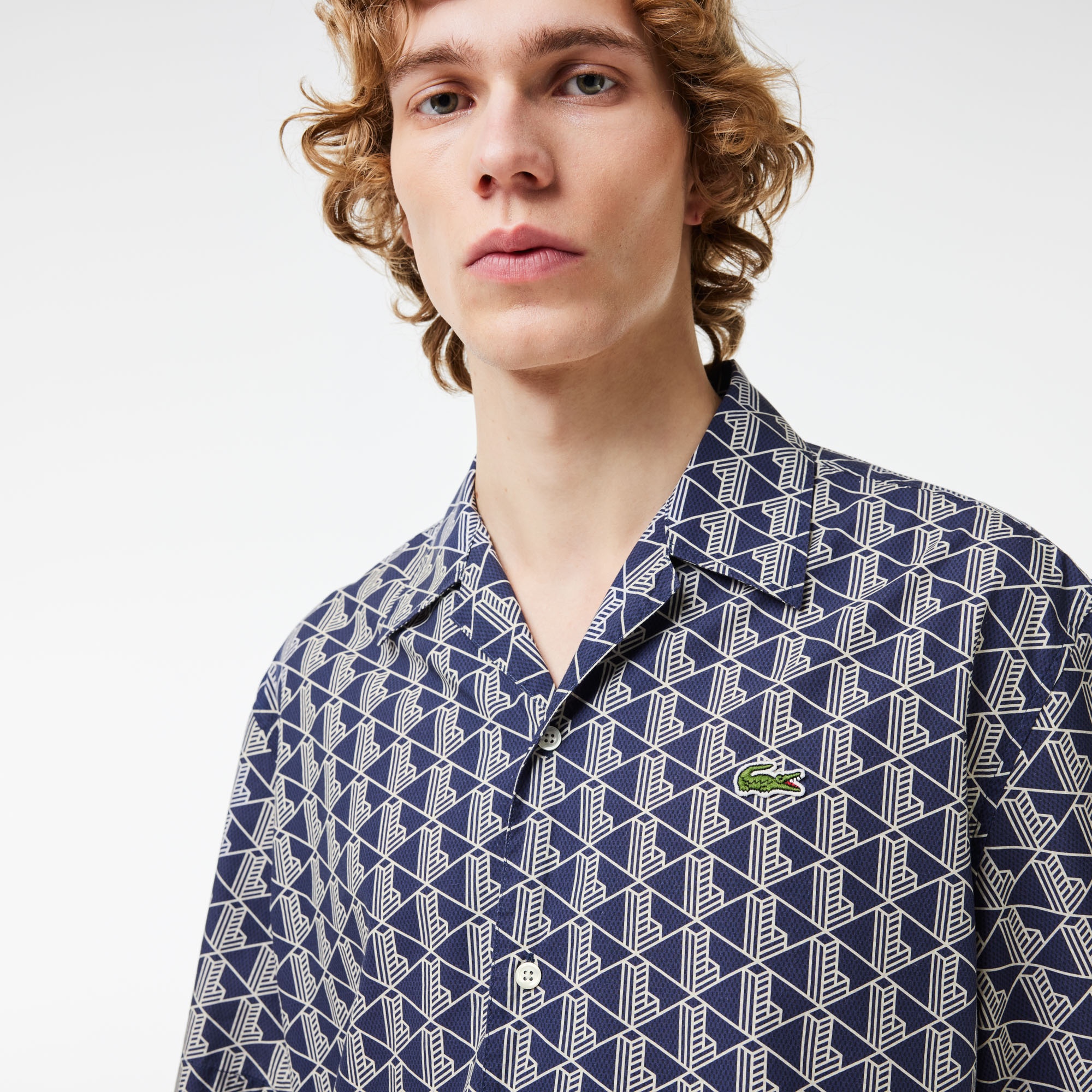 Lacoste Erkek Relaxed Fit Kısa Kollu Monogram Lacivert Gömlek