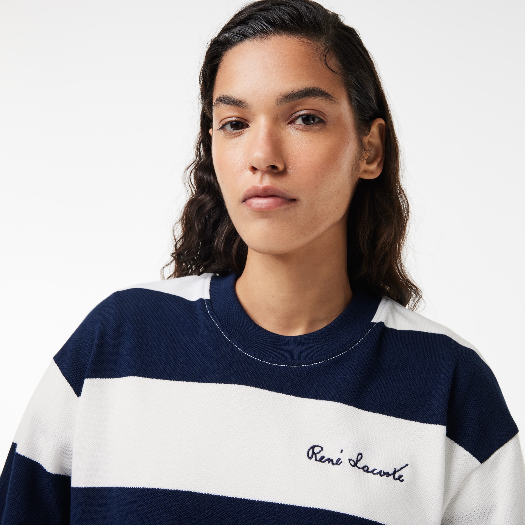 Lacoste Kadın Bisiklet Yaka Çizgili Lacivert Sweatshirt