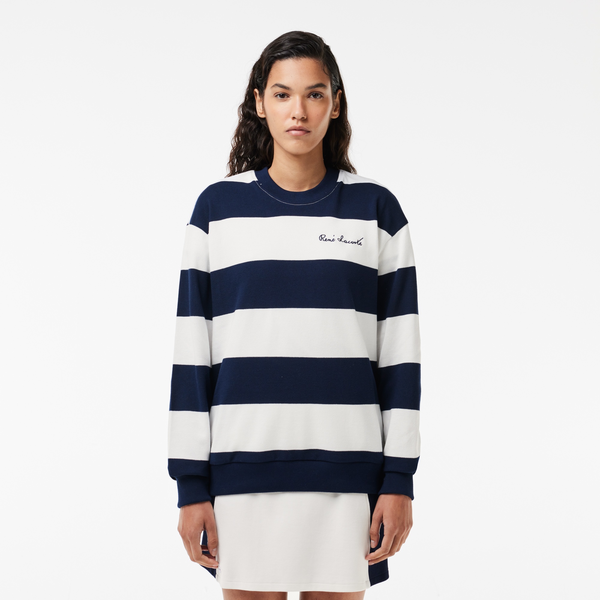 Lacoste Kadın Bisiklet Yaka Çizgili Lacivert Sweatshirt