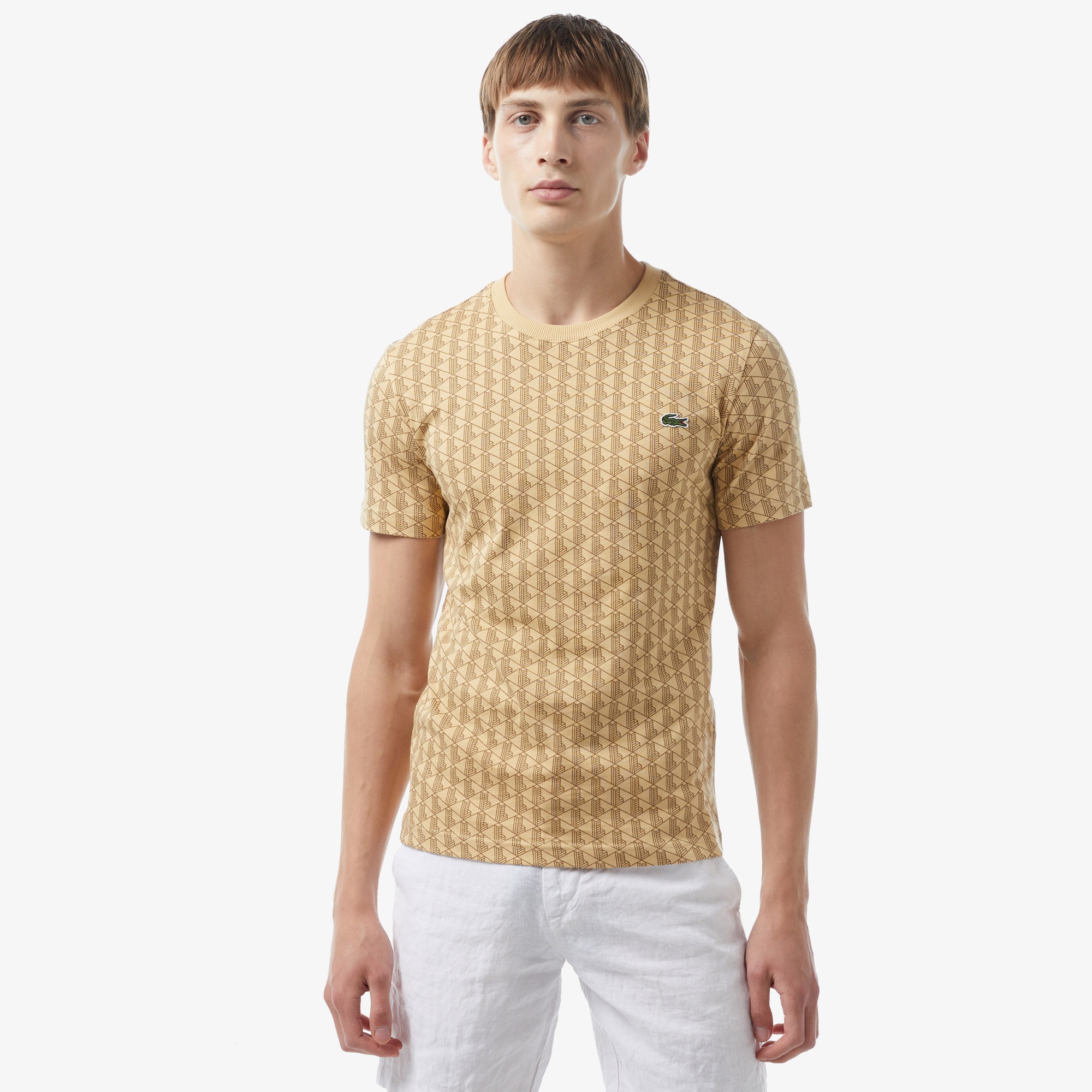 Lacoste Erkek Slim Fit Bisiklet Yaka Monogram Bej T-Shirt