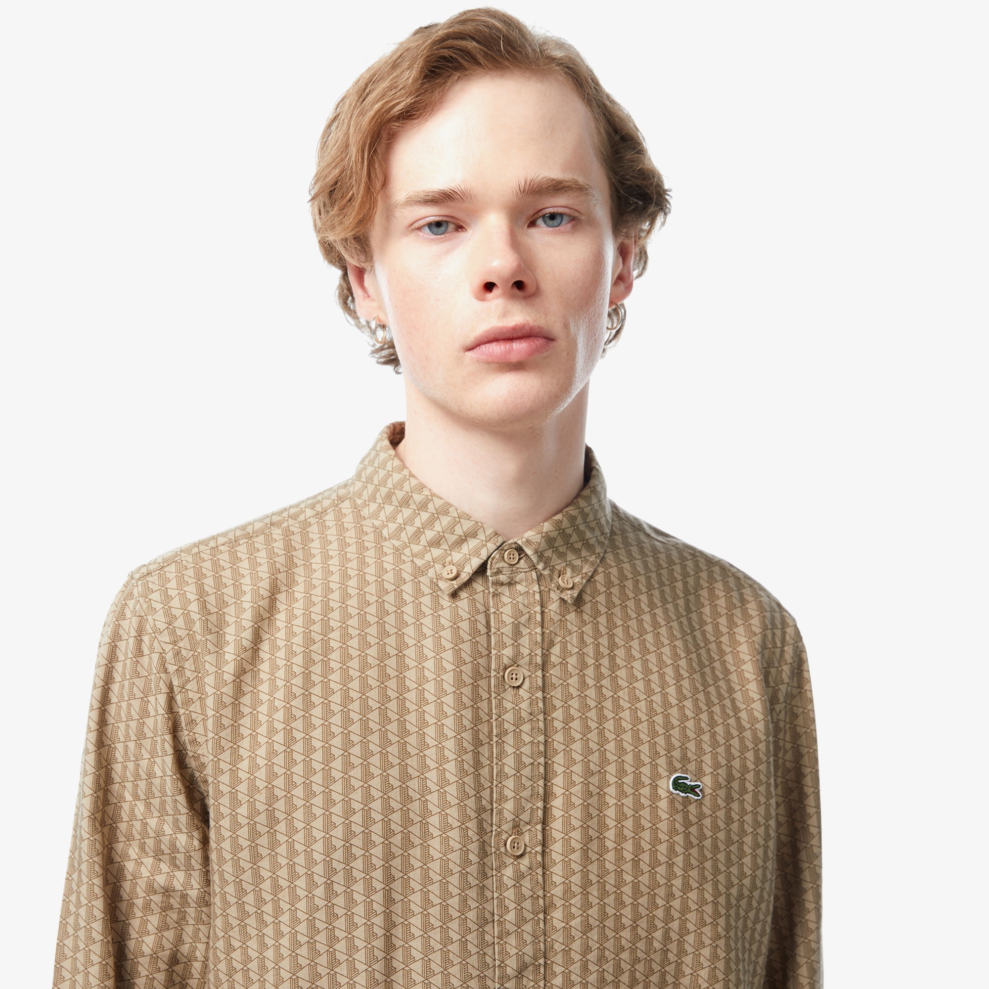 Lacoste Erkek Regular Fit Düğmeli Yaka Monogram Bej Gömlek