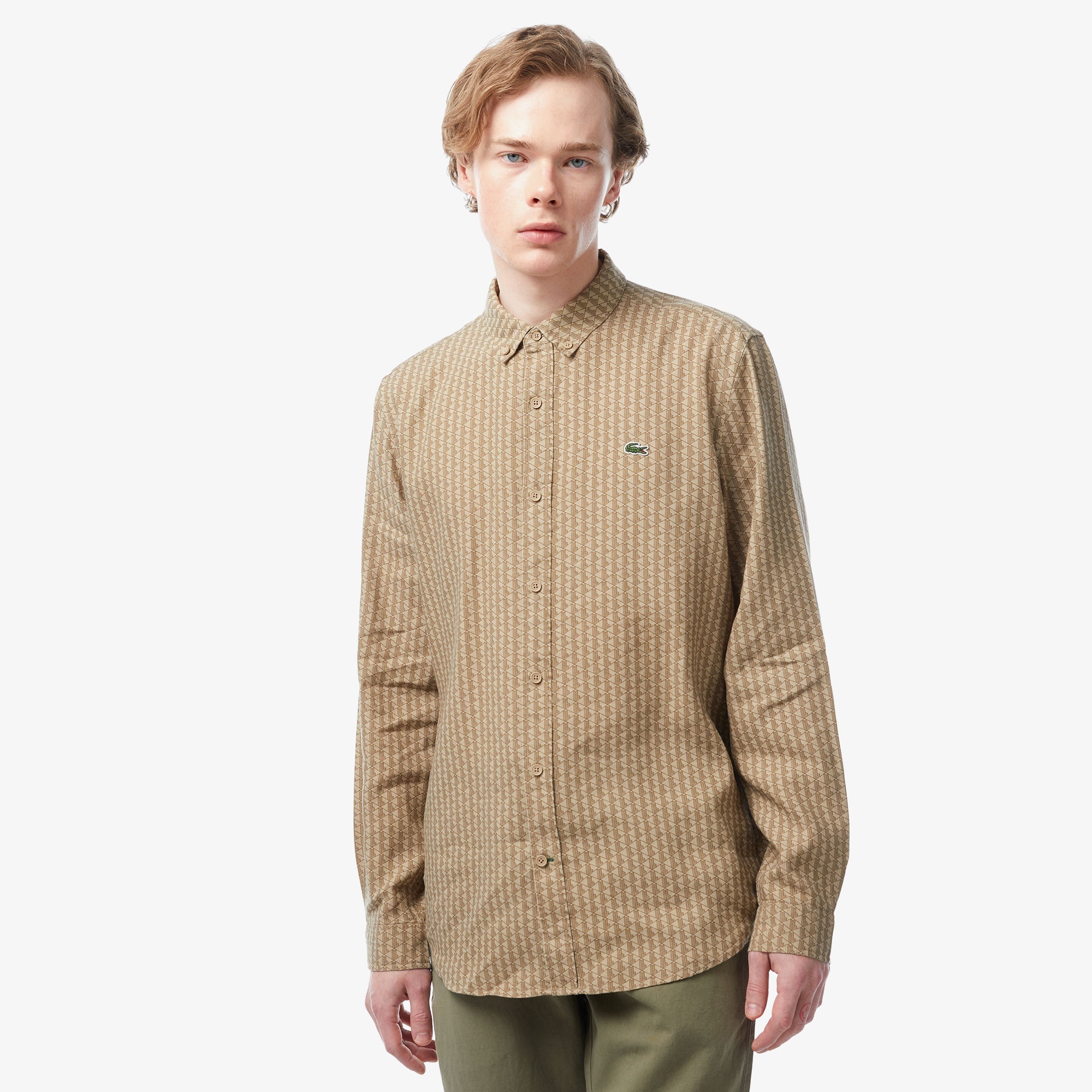 Lacoste Erkek Regular Fit Düğmeli Yaka Monogram Bej Gömlek