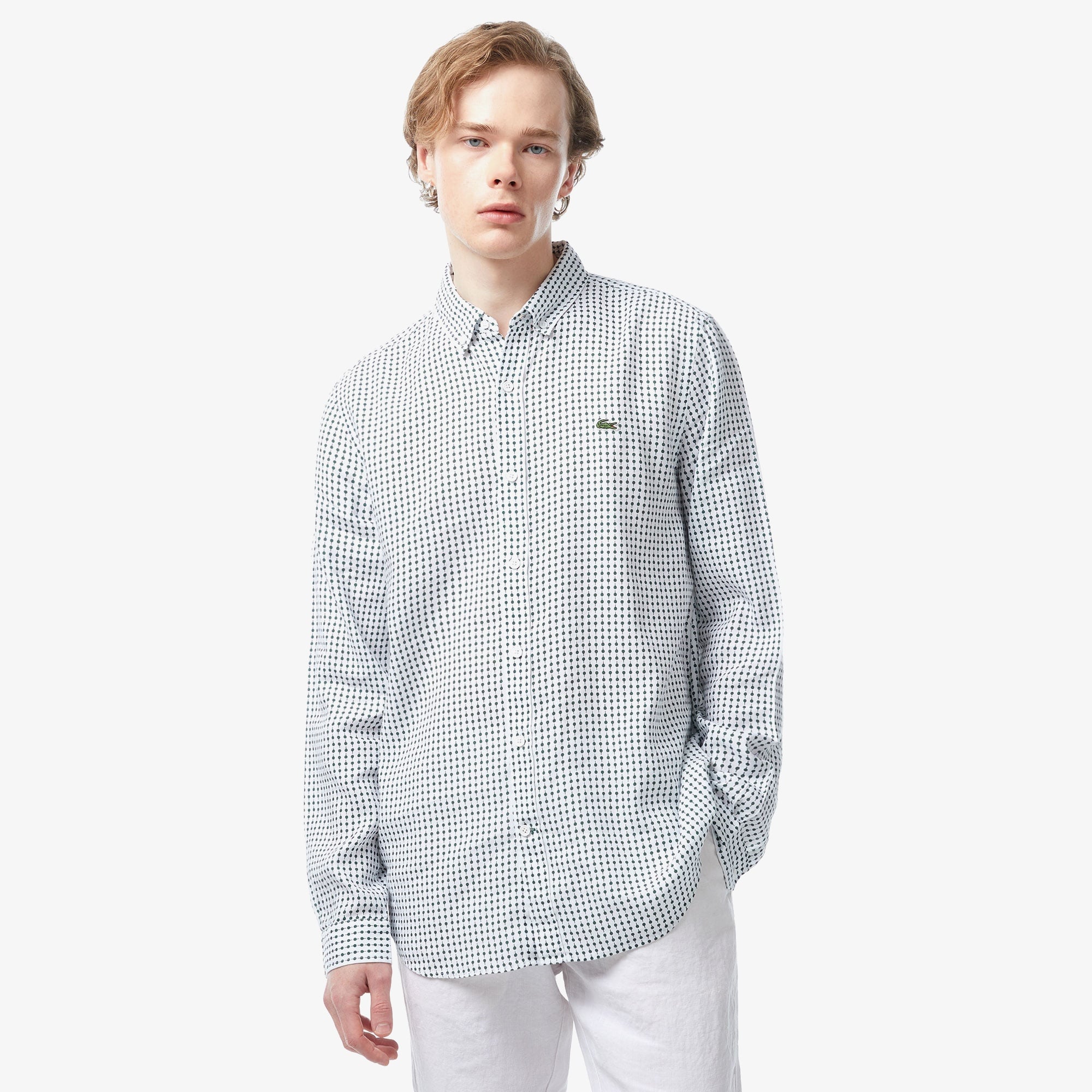 Lacoste Erkek Regular Fit Düğmeli Yaka Baskılı Beyaz Gömlek