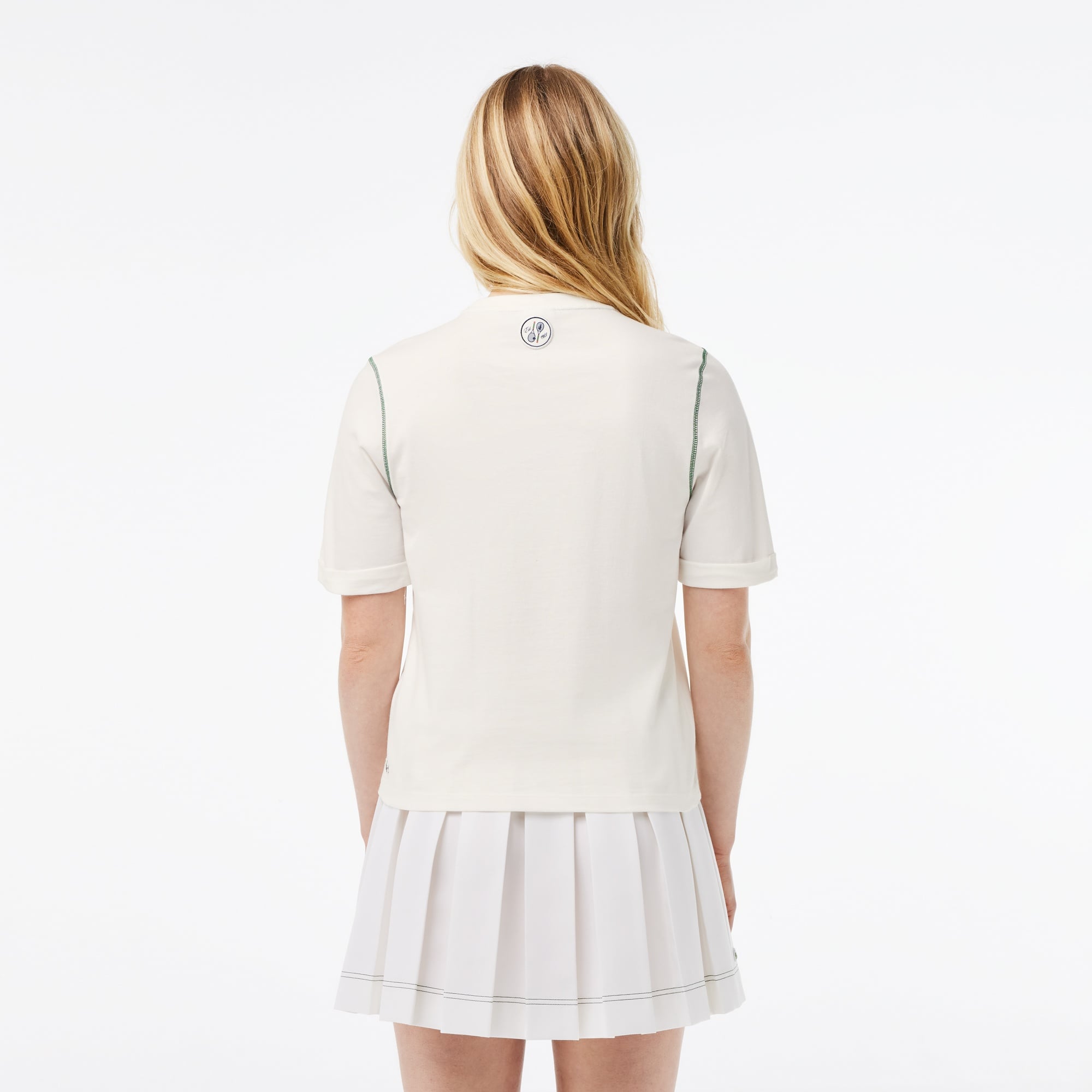 Lacoste x Roland Garros Kadın Relaxed Fit Bisiklet Yaka Baskılı Beyaz T-Shirt