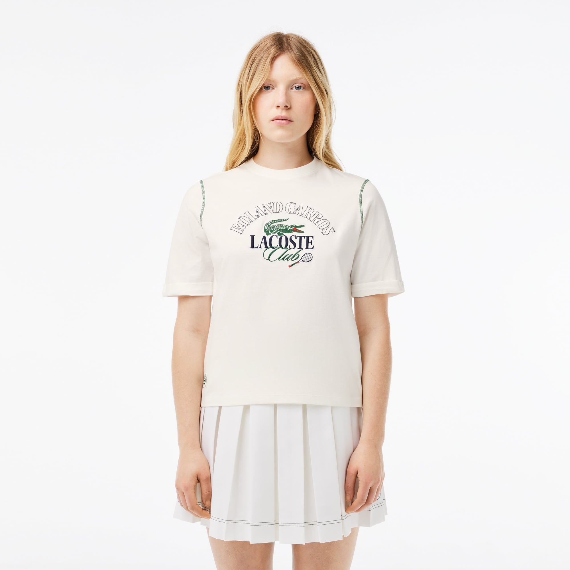 Lacoste x Roland Garros Kadın Relaxed Fit Bisiklet Yaka Baskılı Beyaz T-Shirt
