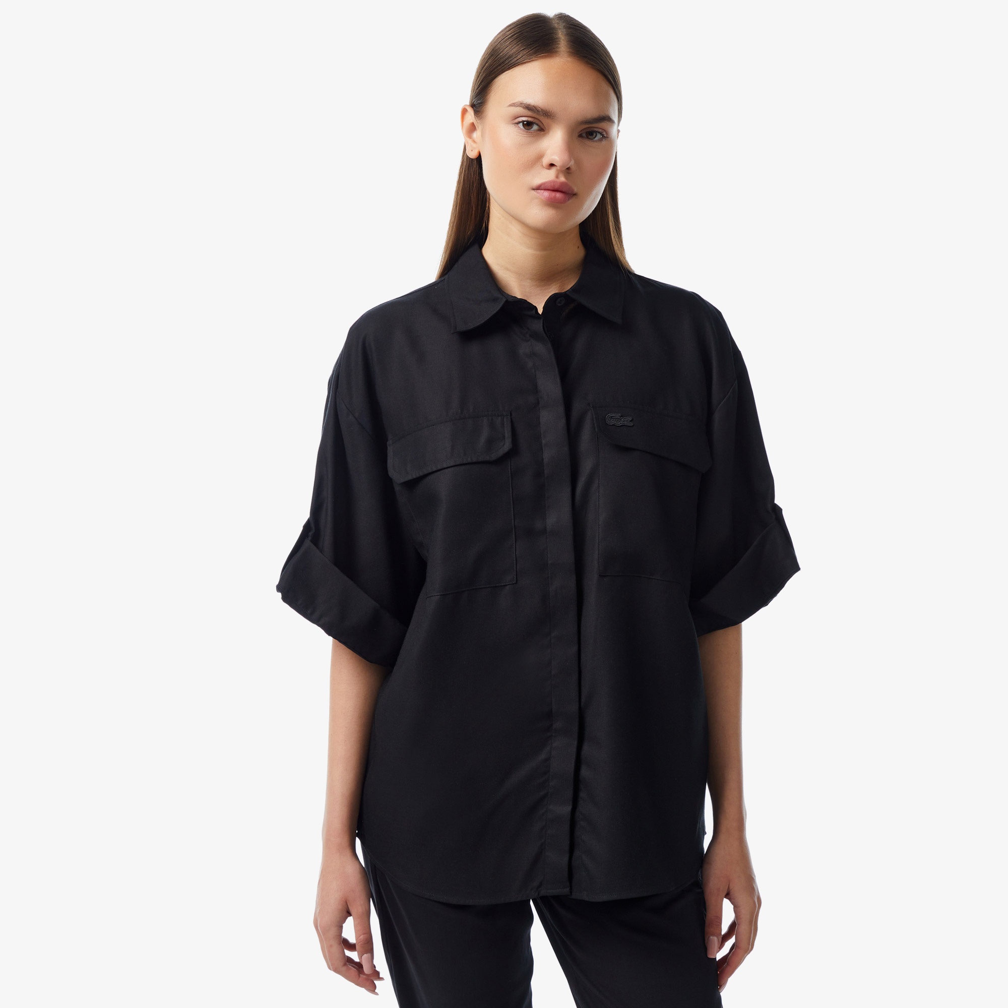 Lacoste Kadın Relaxed Fit Kısa Kollu Siyah Gömlek