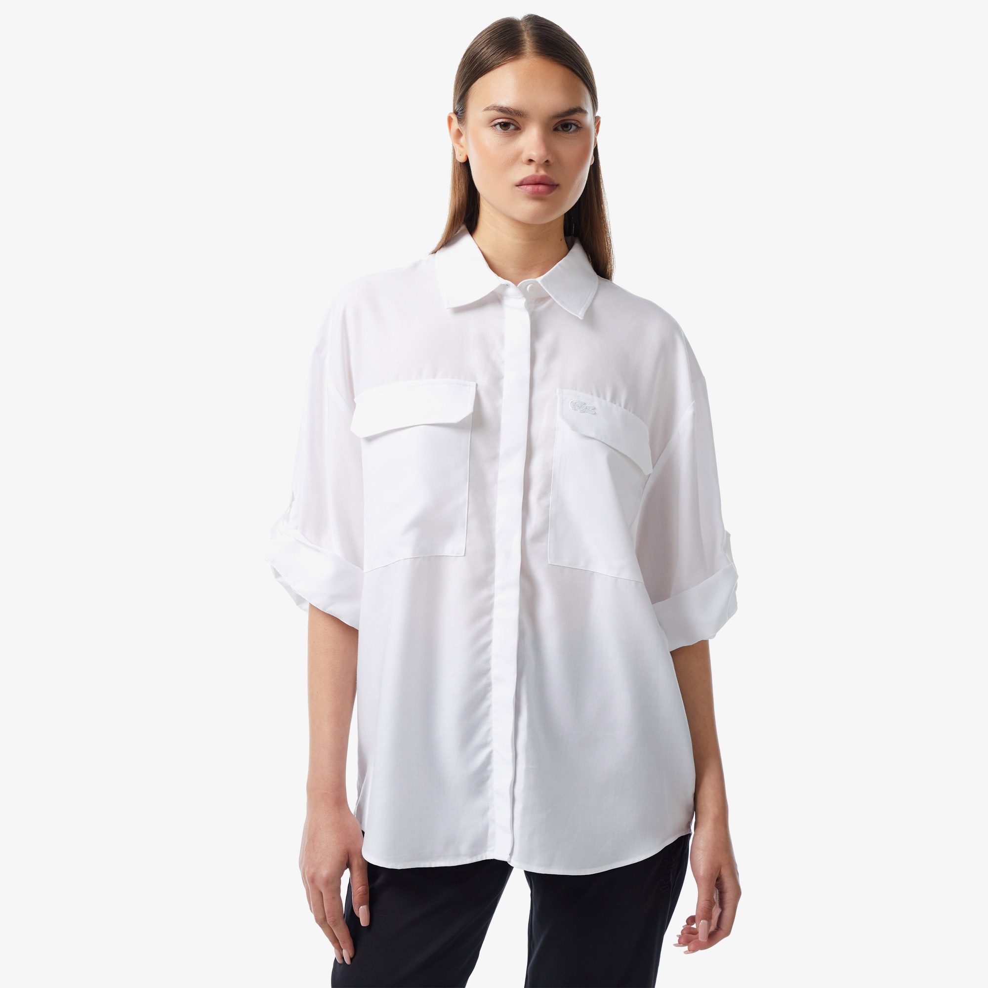 Lacoste Kadın Relaxed Fit Kısa Kollu Beyaz Gömlek