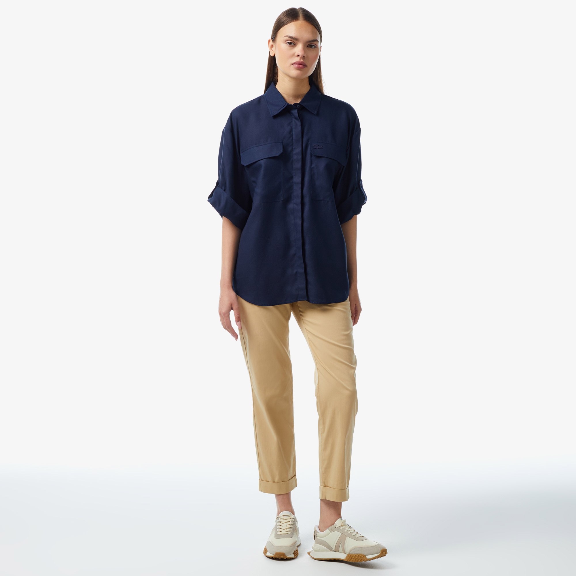 Lacoste Kadın Relaxed Fit Uzun Kollu Lacivert Gömlek