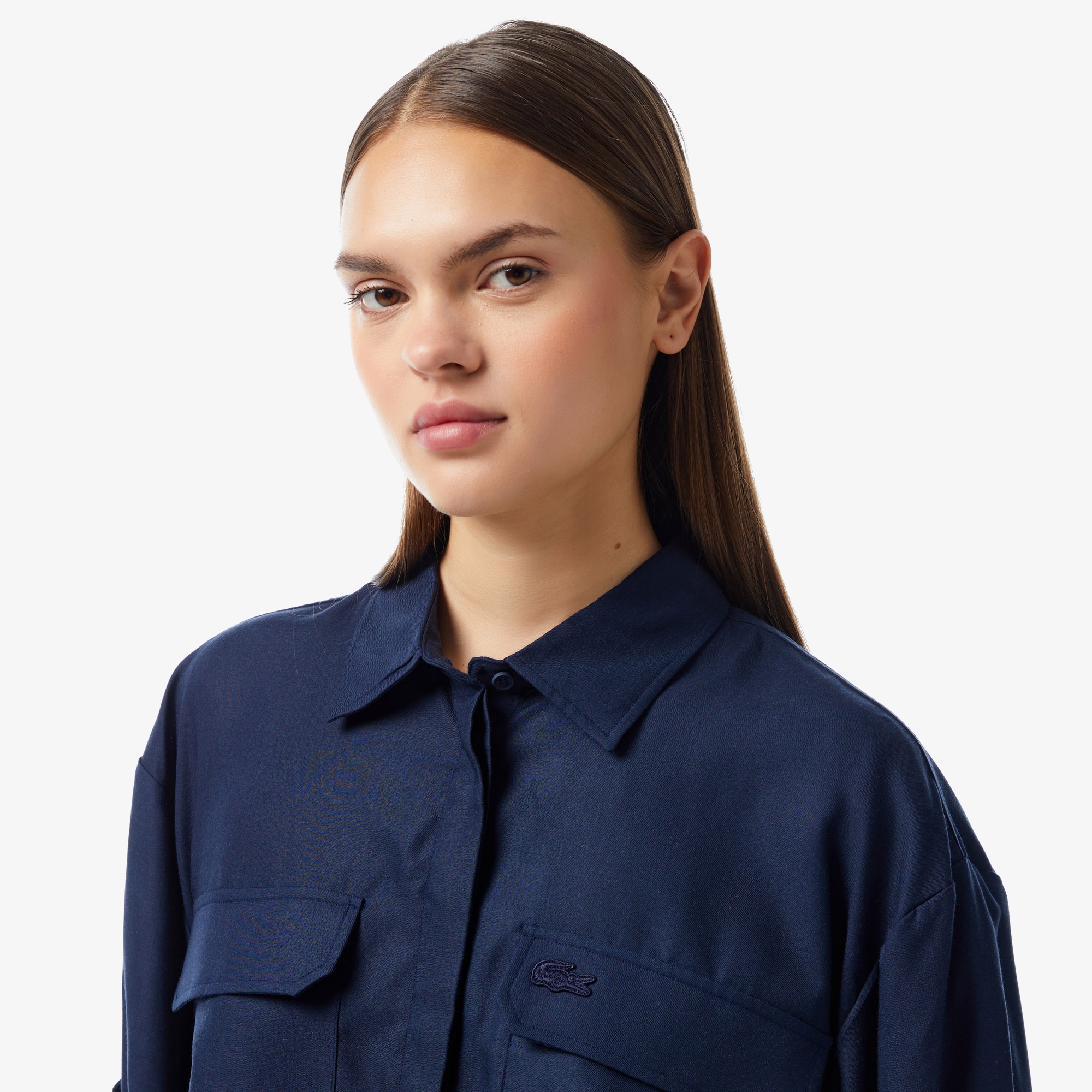 Lacoste Kadın Relaxed Fit Uzun Kollu Lacivert Gömlek