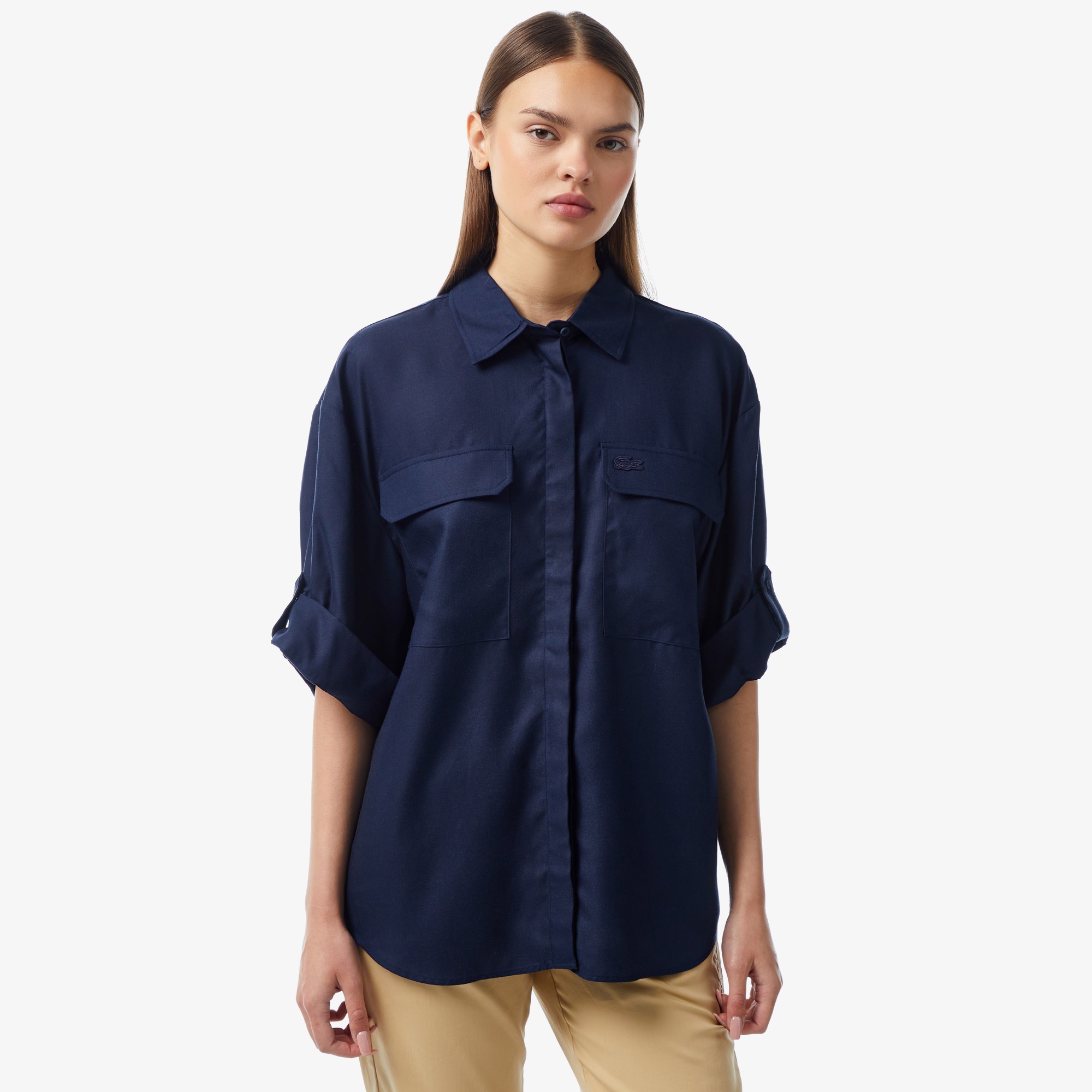 Lacoste Kadın Relaxed Fit Uzun Kollu Lacivert Gömlek