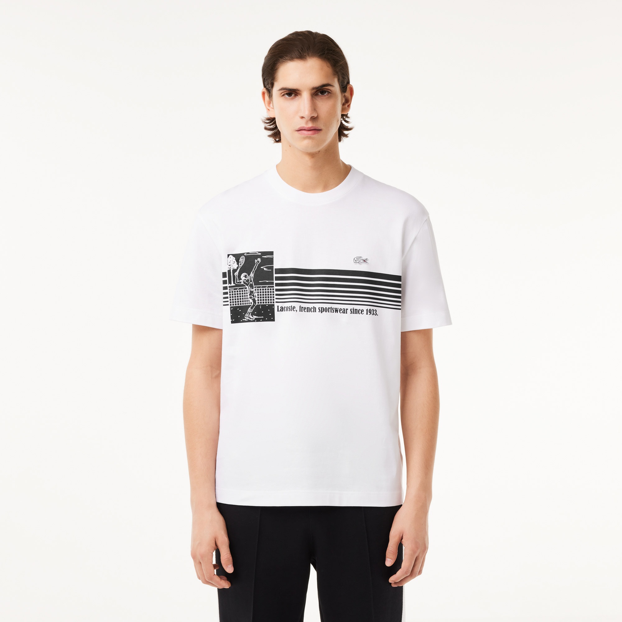 Lacoste Erkek Regular Fit Bisiklet Yaka Baskılı Beyaz T-Shirt
