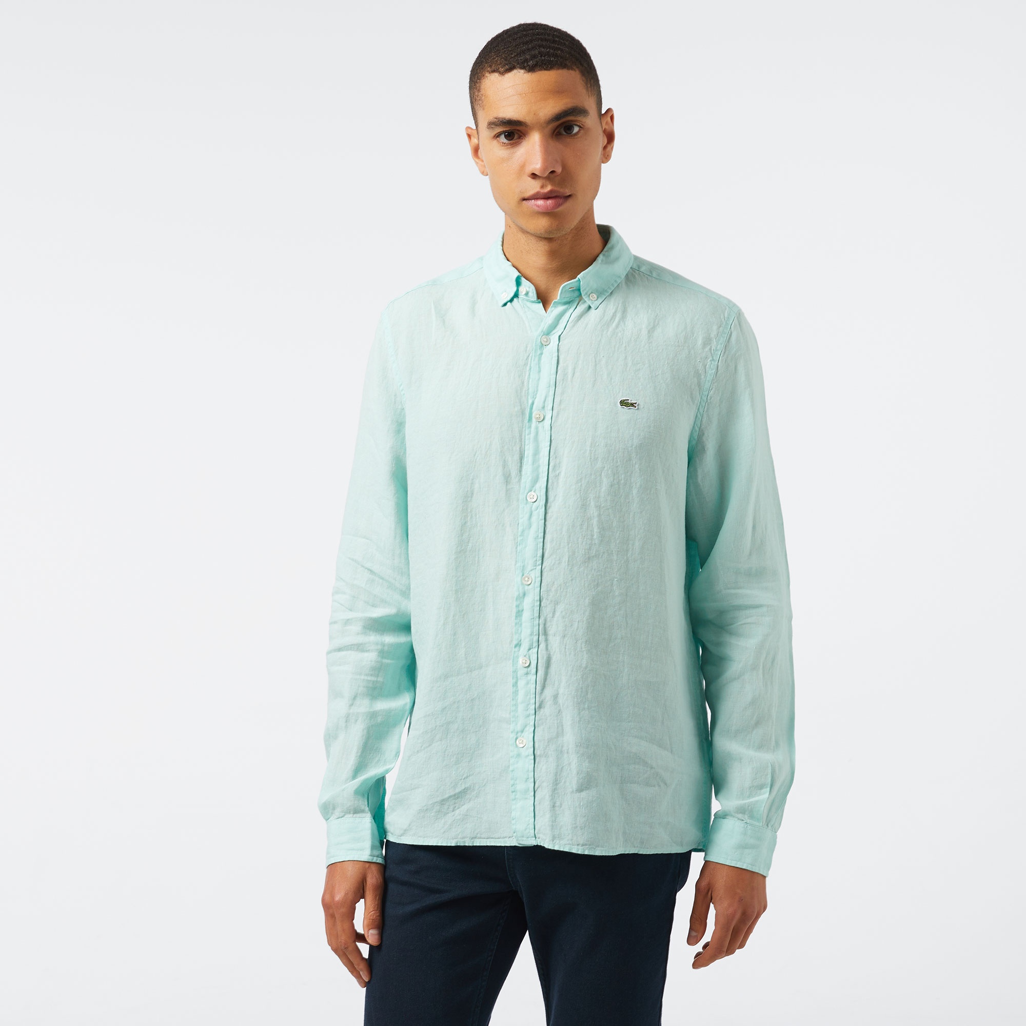 Lacoste Erkek Regular Fit Düğmeli Yaka Keten Yeşil Gömlek