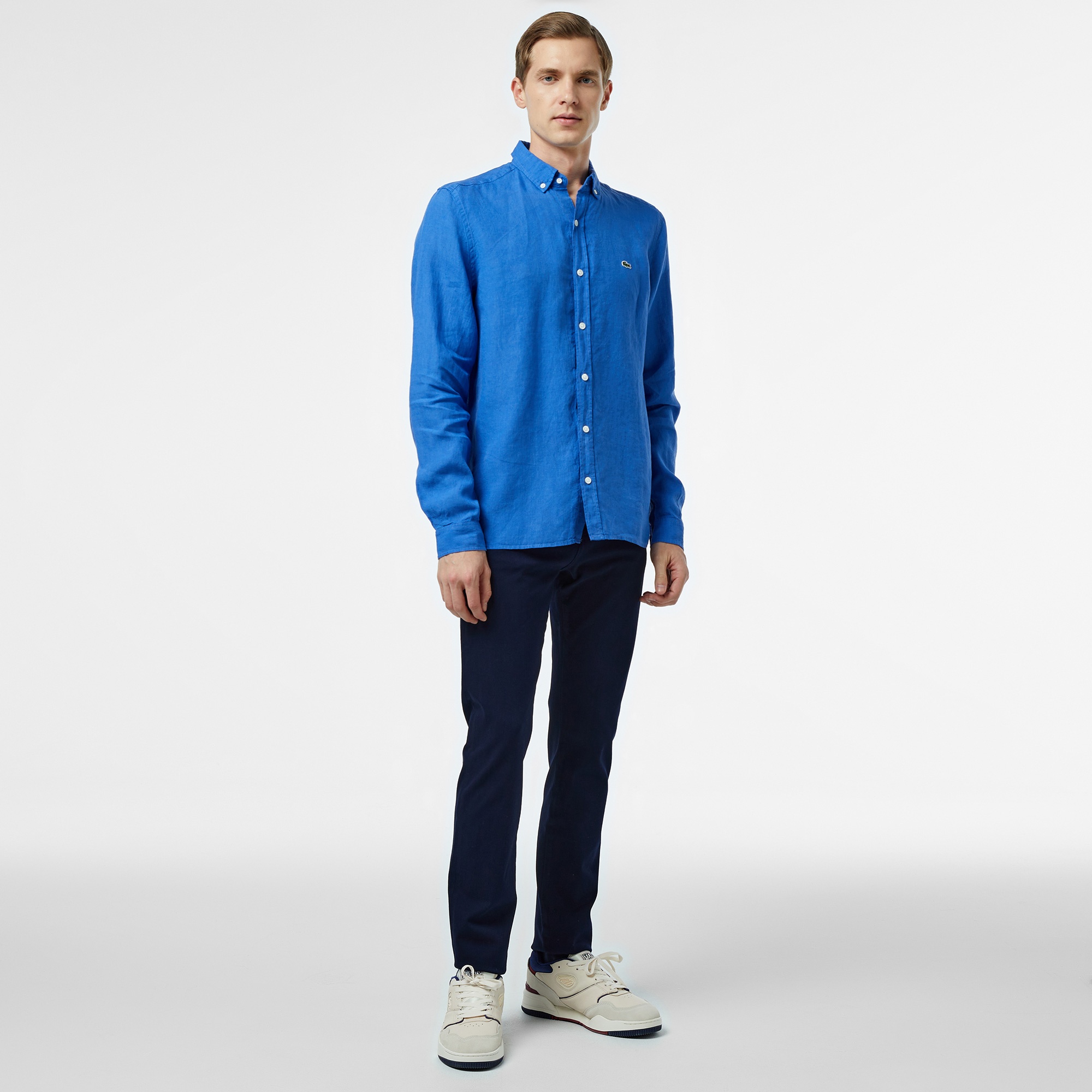 Lacoste Erkek Regular Fit Düğmeli Yaka Keten Mavi Gömlek