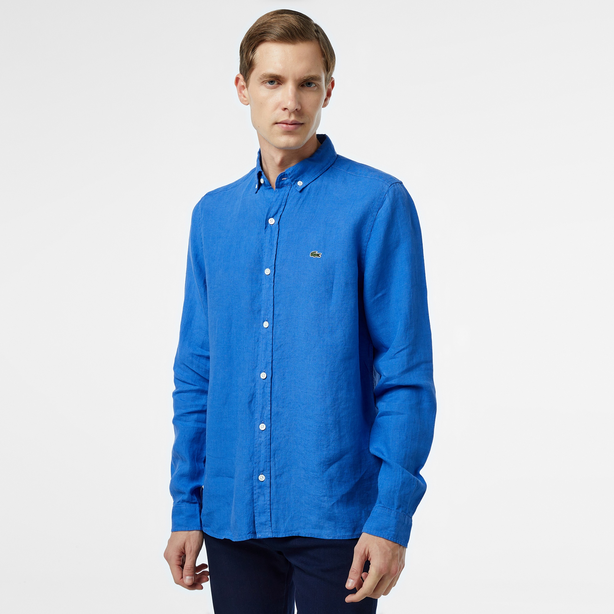 Lacoste Erkek Regular Fit Düğmeli Yaka Keten Mavi Gömlek