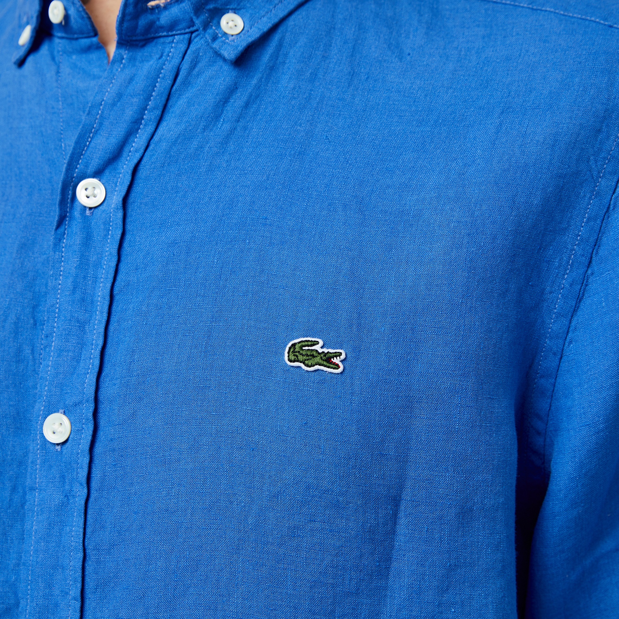 Lacoste Erkek Regular Fit Düğmeli Yaka Keten Mavi Gömlek