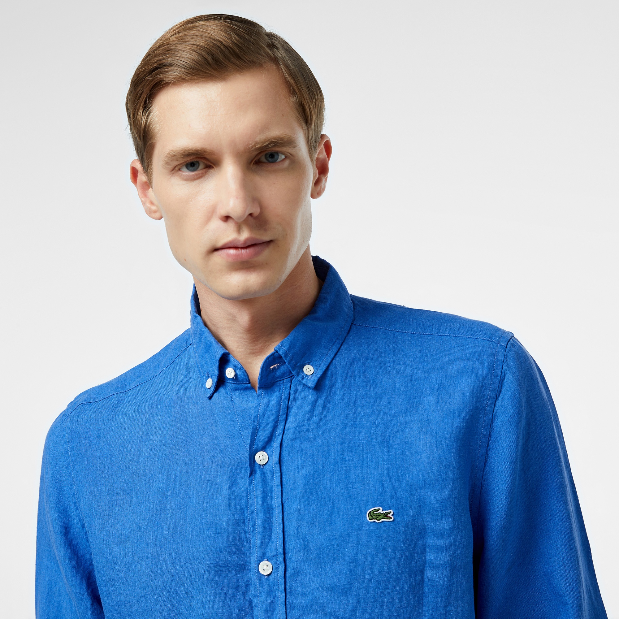 Lacoste Erkek Regular Fit Düğmeli Yaka Keten Mavi Gömlek