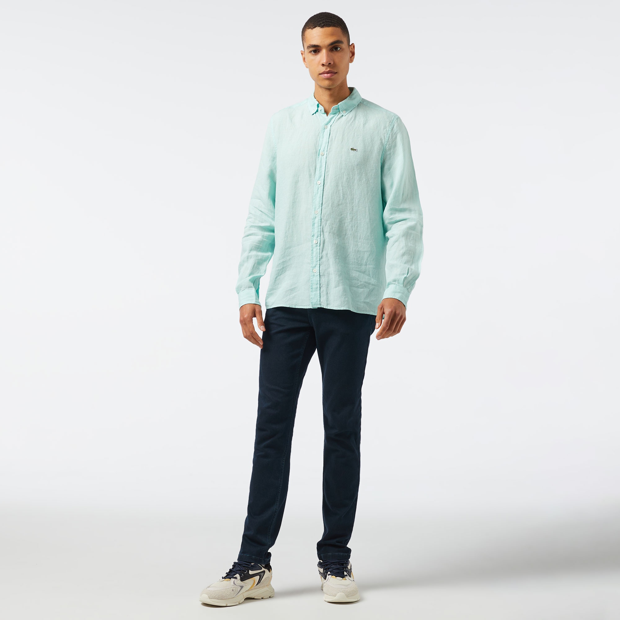 Lacoste Erkek Regular Fit Düğmeli Yaka Keten Yeşil Gömlek