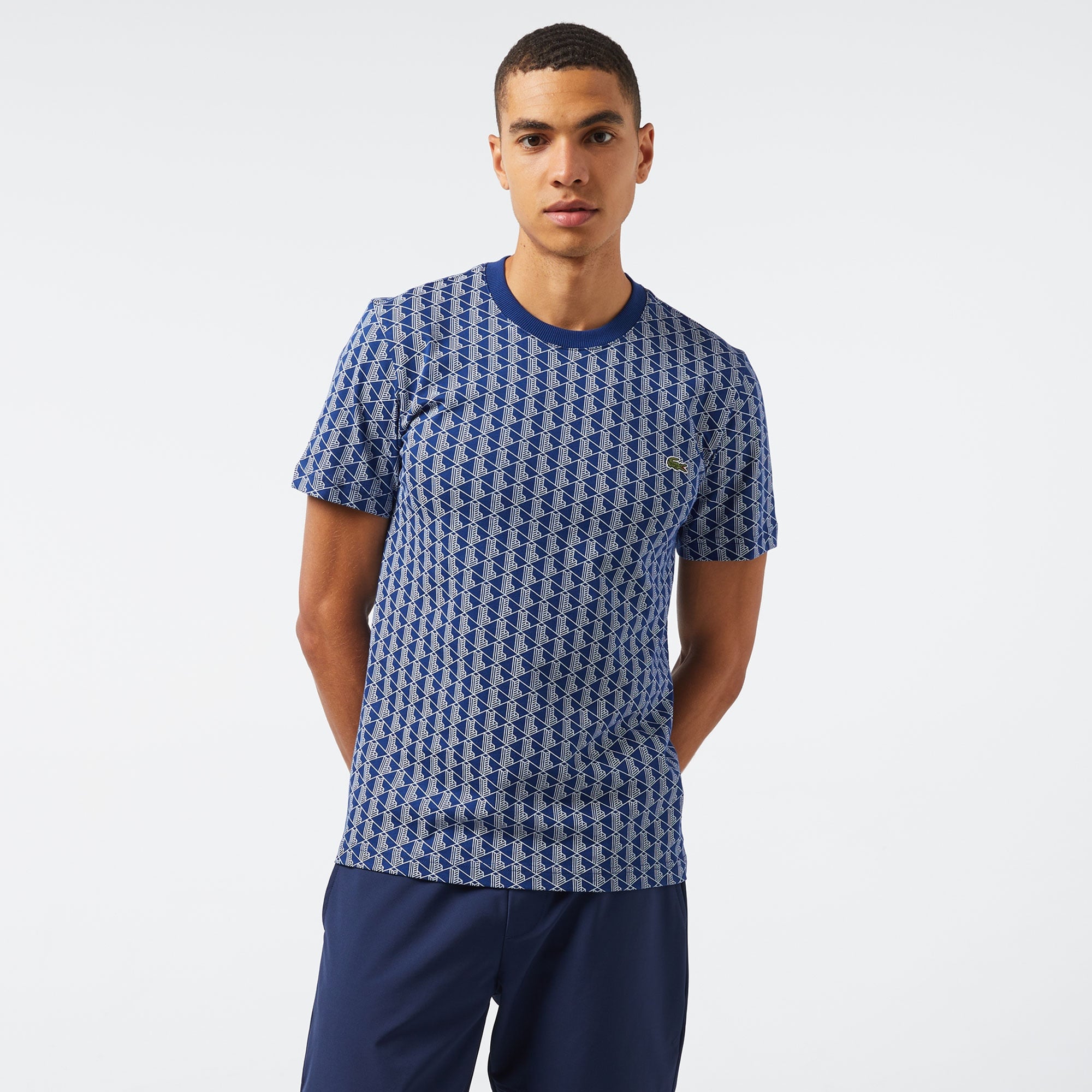 Lacoste Erkek Slim Fit Bisiklet Yaka Monogram Mavi T-Shirt