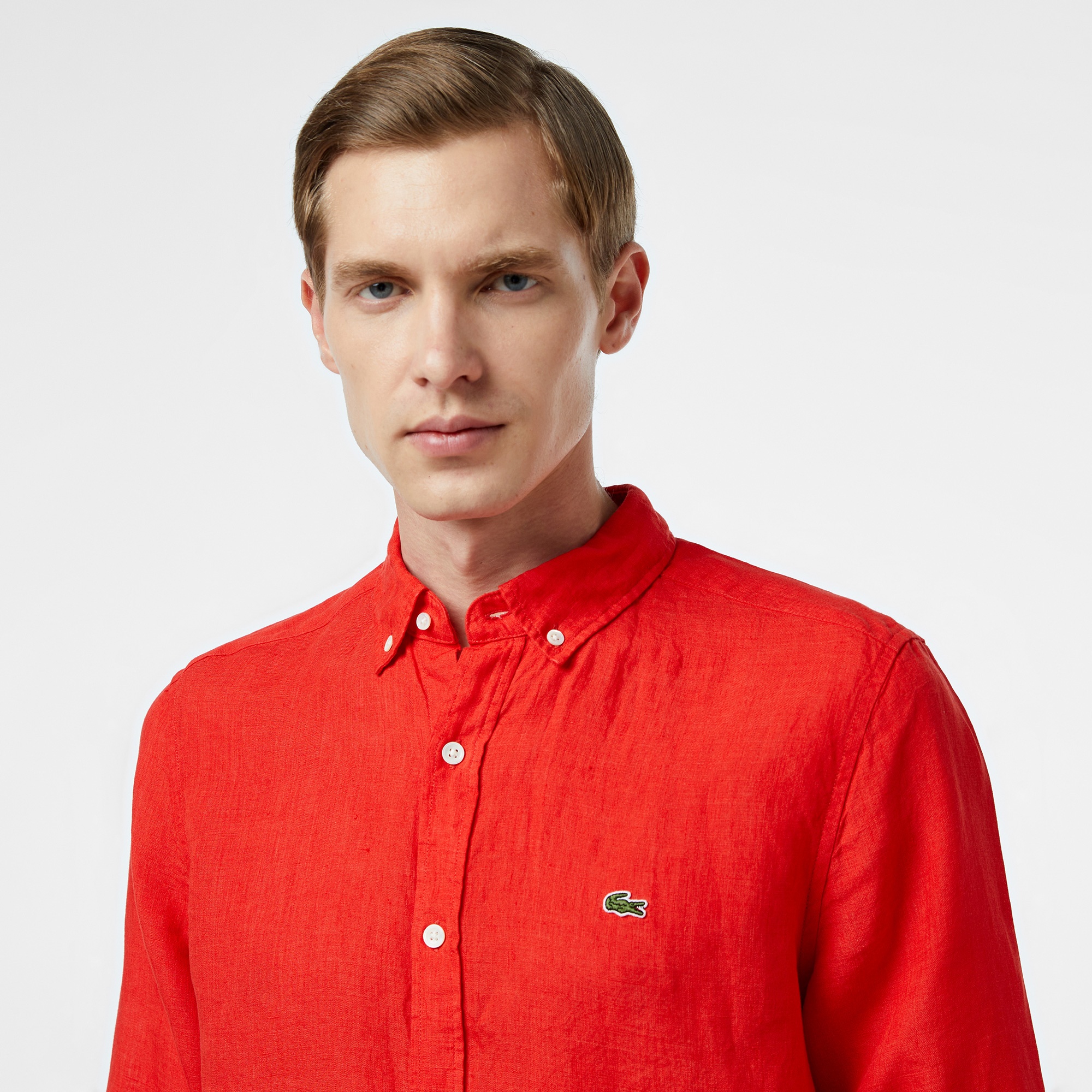 Lacoste Erkek Regular Fit Düğmeli Yaka Keten Kırmızı Gömlek