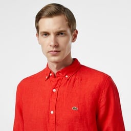 Lacoste Erkek Regular Fit Düğmeli Yaka Keten Kırmızı Gömlek Kırmızı