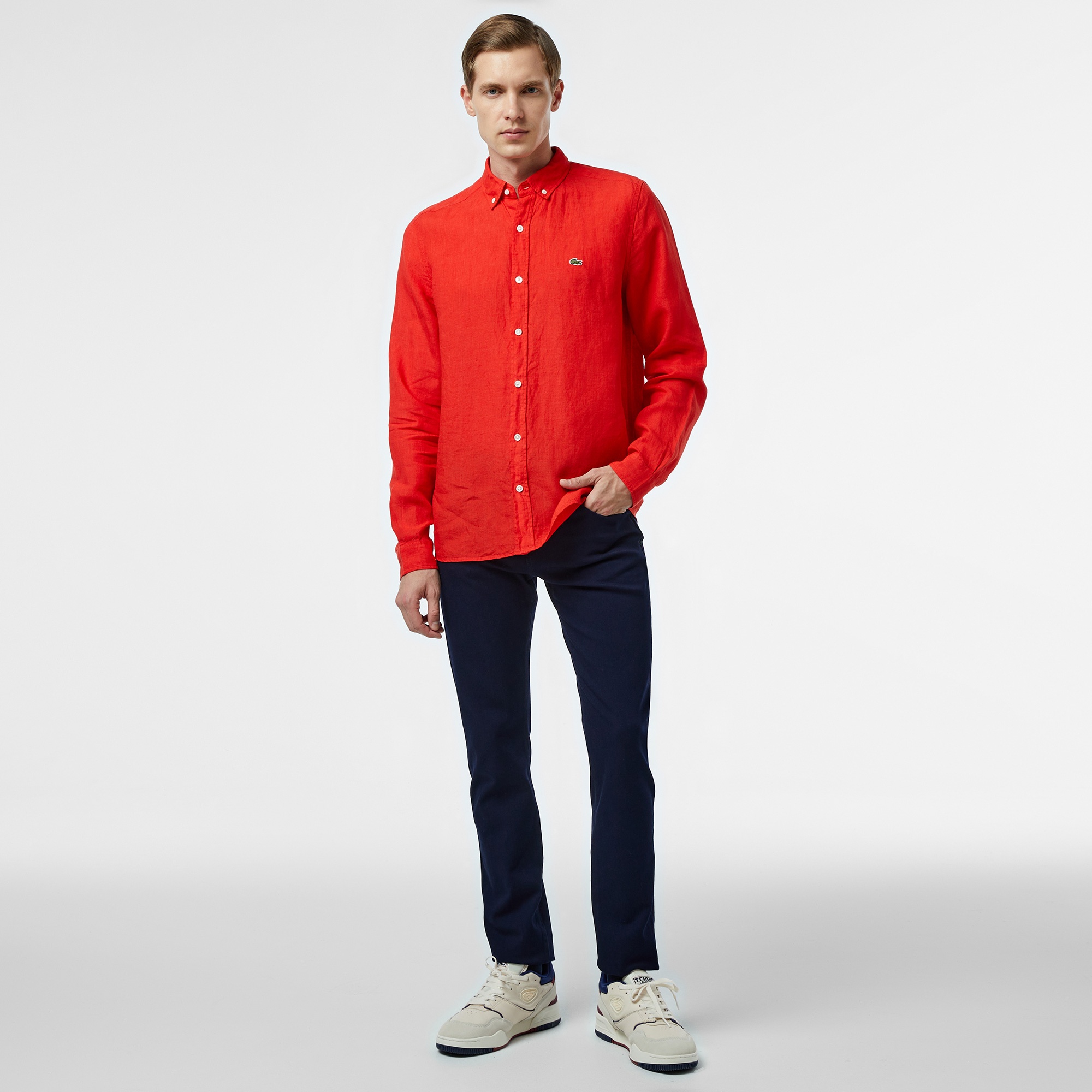 Lacoste Erkek Regular Fit Düğmeli Yaka Keten Kırmızı Gömlek