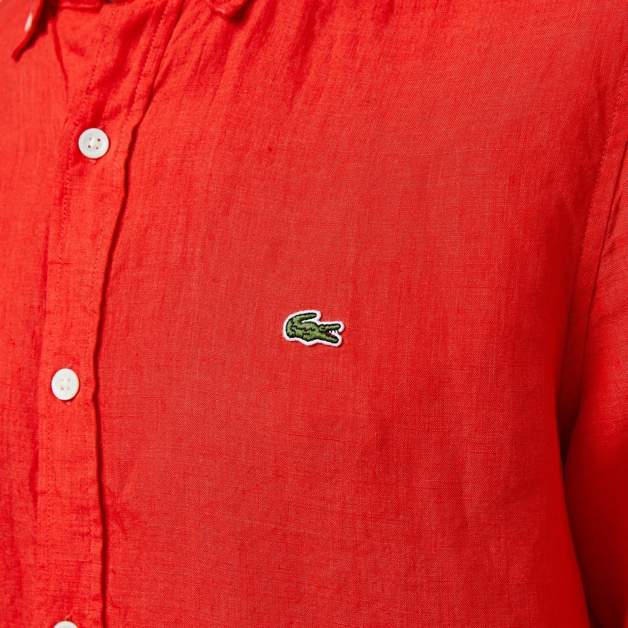 Lacoste Erkek Regular Fit Düğmeli Yaka Keten Kırmızı Gömlek