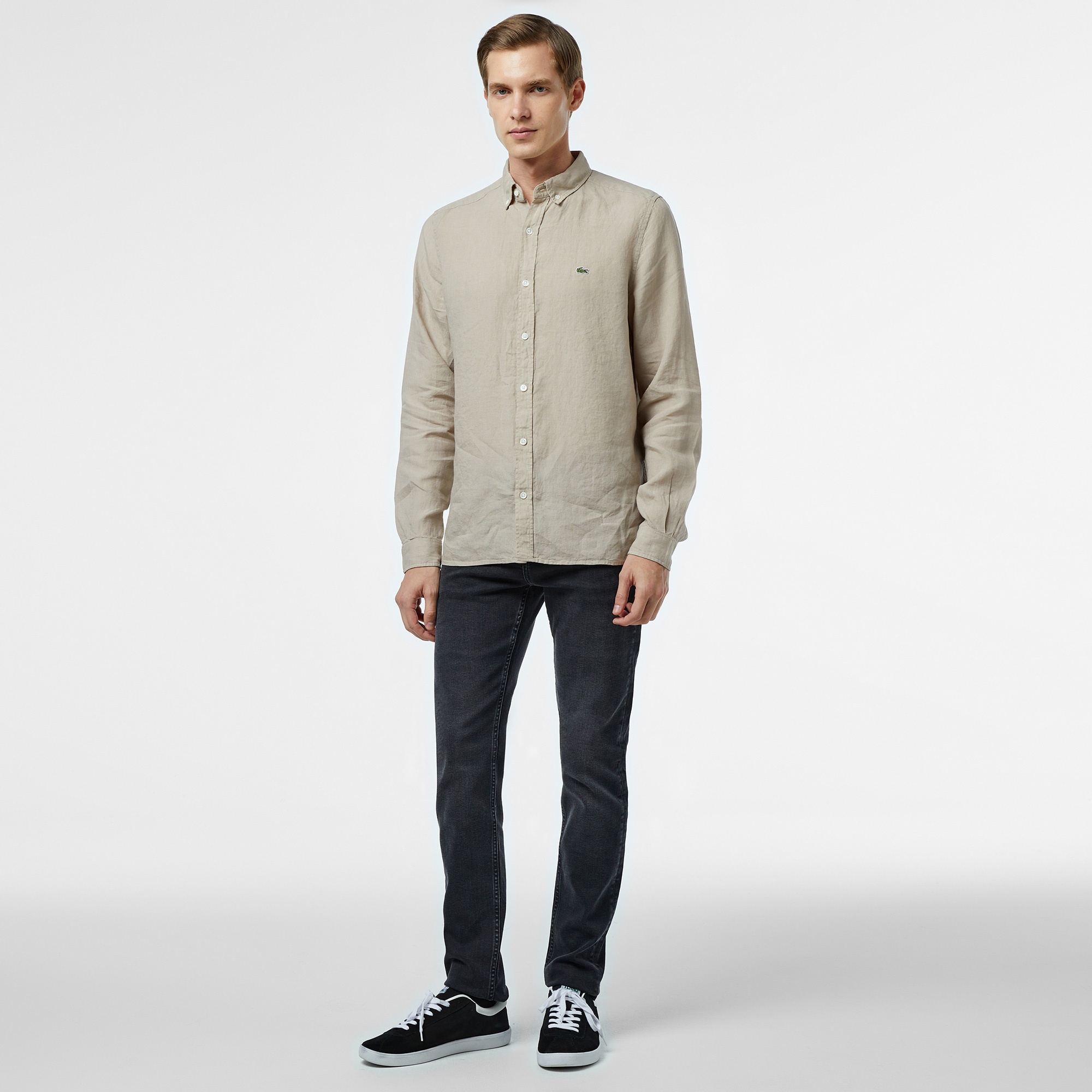 Lacoste Erkek Regular Fit Düğmeli Yaka Keten Bej Gömlek